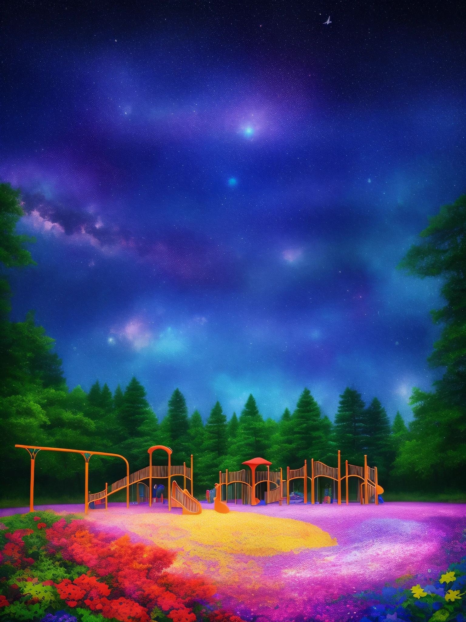 Vast beautiful forest　There is playground equipment　colorful flower々　Beautiful starry sky　Mystical　picture book-style　illustratio