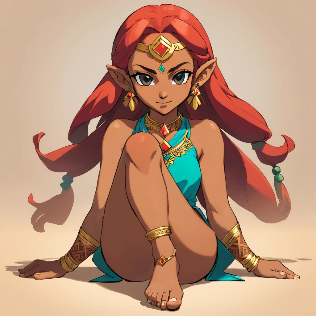 Gerudo woman showing her feet, barefoot, big feet, spread legs, dark skin, red hair, gerudo, big nose, foot focus, soles, toes, curled toes