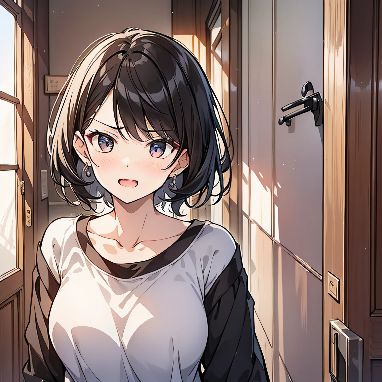 A middle-aged aunt,with short black hair,Wearing a white top,One stood in front of the door of the room with an angry expression(Open mouth 1.5)(The background is in the room in the village:1.5),Anime style 4K,Anime rendering,style of anime,8K fineness,(Upper body display:1.5)(Cinematic lighting:1.5)Middle-aged woman 1.5(Wrinkle 1.5)