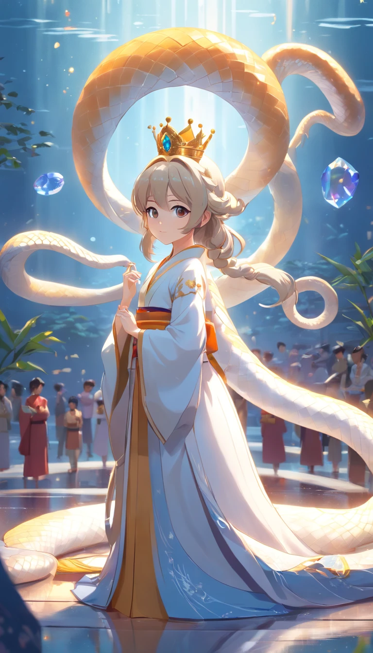 Pixar-style super cute anthropomorphic white snake, Wearing Hanfu and Crystal Crown, Standing, charming big eyes, nice tail, Standing, Surreal, Super fine, Luxurious, elegant standing, charming big eyes, nice tail, Standing, Surreal, super detailed, Luxurious, Elegant, with an intricate, Gorgeous, Illusion Engine, Octane Rendering, 8K, Vleischulrealism