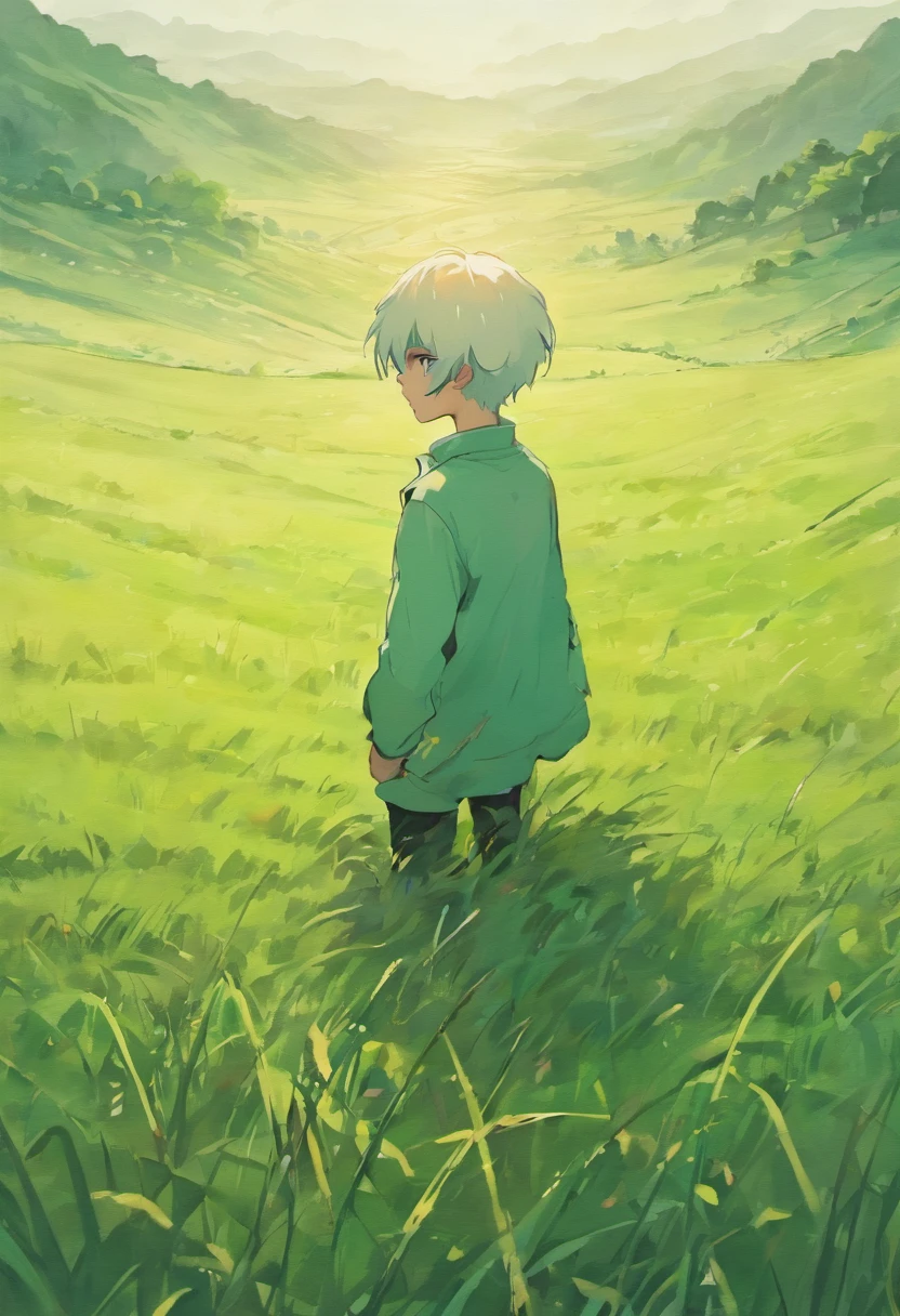 Grasslands as far as the eye can see Boy with white hair painting Rear view