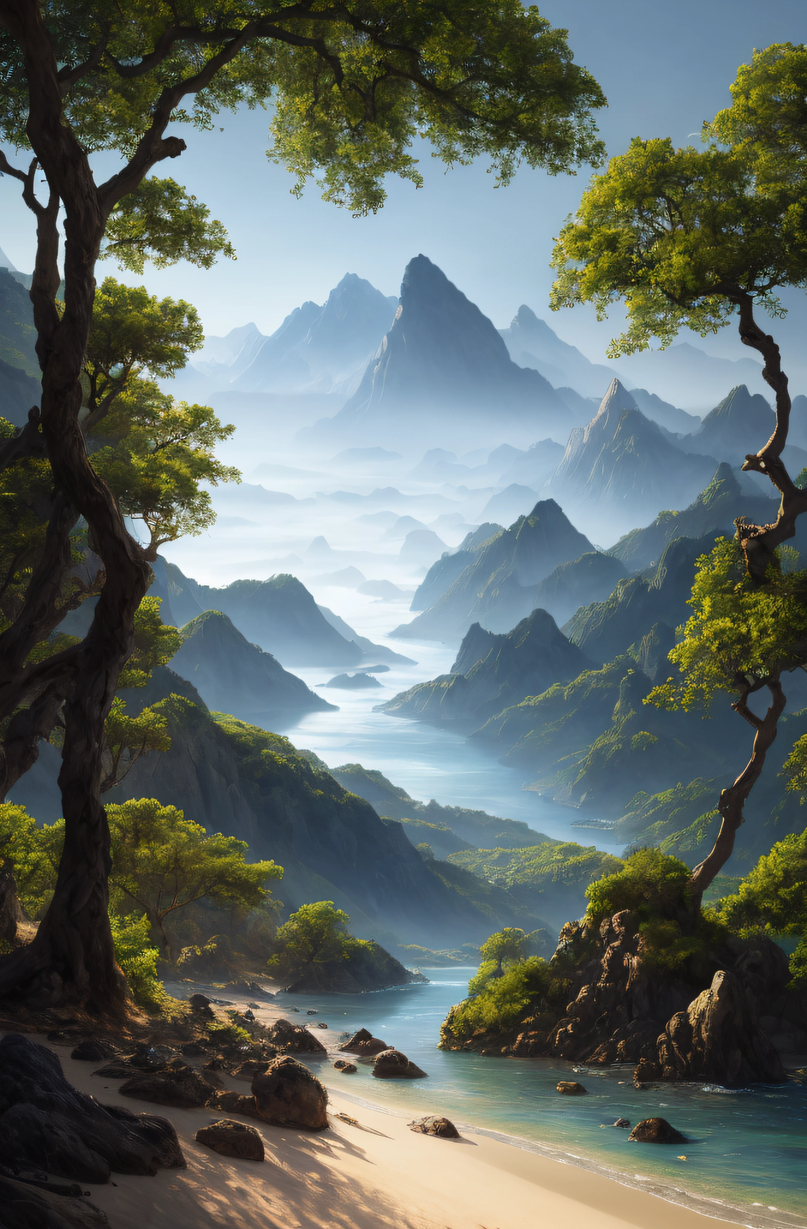 Mountains and bodies of water surrounded by trees and sand, 4k highly detailed digital art, 8K stunning artwork, 8k resolution digital painting, 8 k resolution digital painting, Detailed painting 4 K, beautiful landscape rendering, 4k hd matte digital painting, 8k matte painting, 8 k matte painting, highly detailed digital painting, Beautiful digital artwork