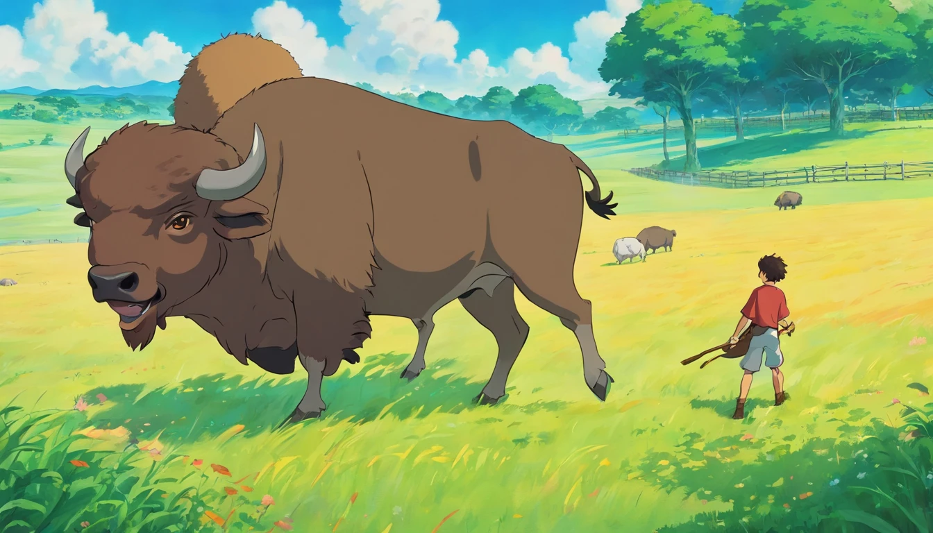 Young man herds buffalo in pasture.