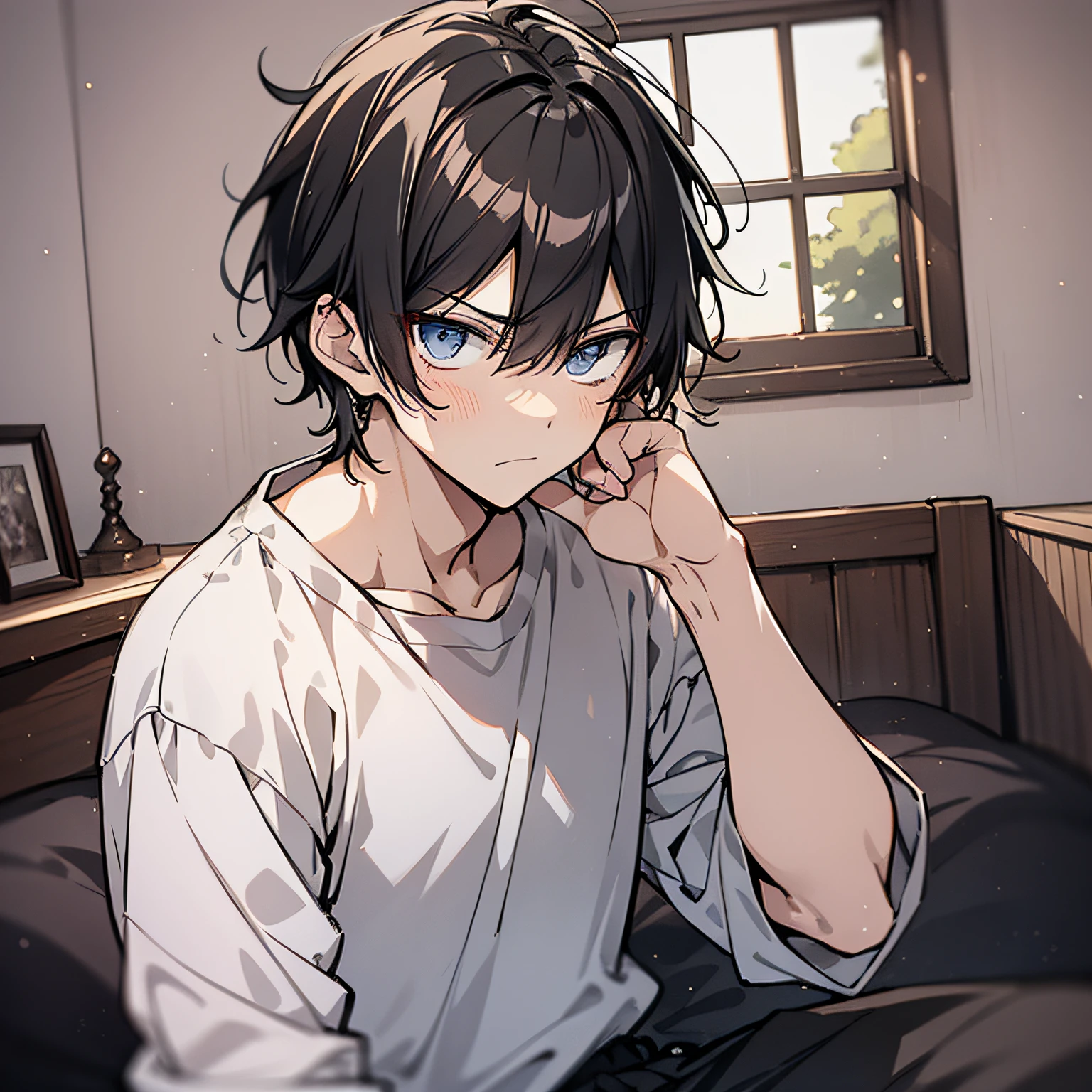 Around 18 years old, young anime man,Short black hair 1.5,Wear a plain white shirt,Sitting on the edge of the bed in the room with an angry expression(Indo blackened 1.5)(The background is in the room in the village:1.5),Anime style 4K,Anime rendering,style of anime,8K fineness,(Upper body display:1.5)(Cinematic lighting:1.5)(Handsome anime boy 1.5)