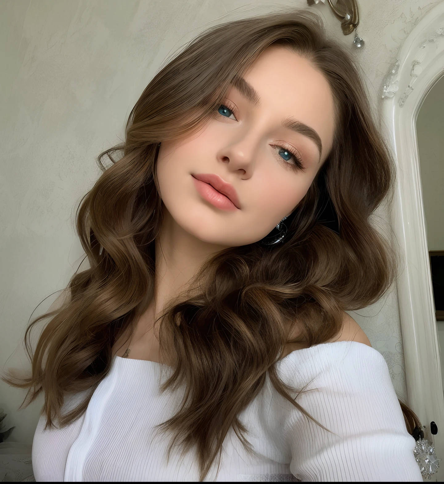 beautiful young light brown italian girl, long brown hair, perfect detailed face, perfect detailed nose, perfect detailed lip, perfect detailed chin. perfect detailed hand, perfect detailed finger, using a figure-hugging dress effortlessly commands attention with her generous curves, An Italian girl like this one who takes a photo of herself from a mirror where we can see her haircut and a hand in her hair ::2 light white and light yellow, snapshot aesthetic