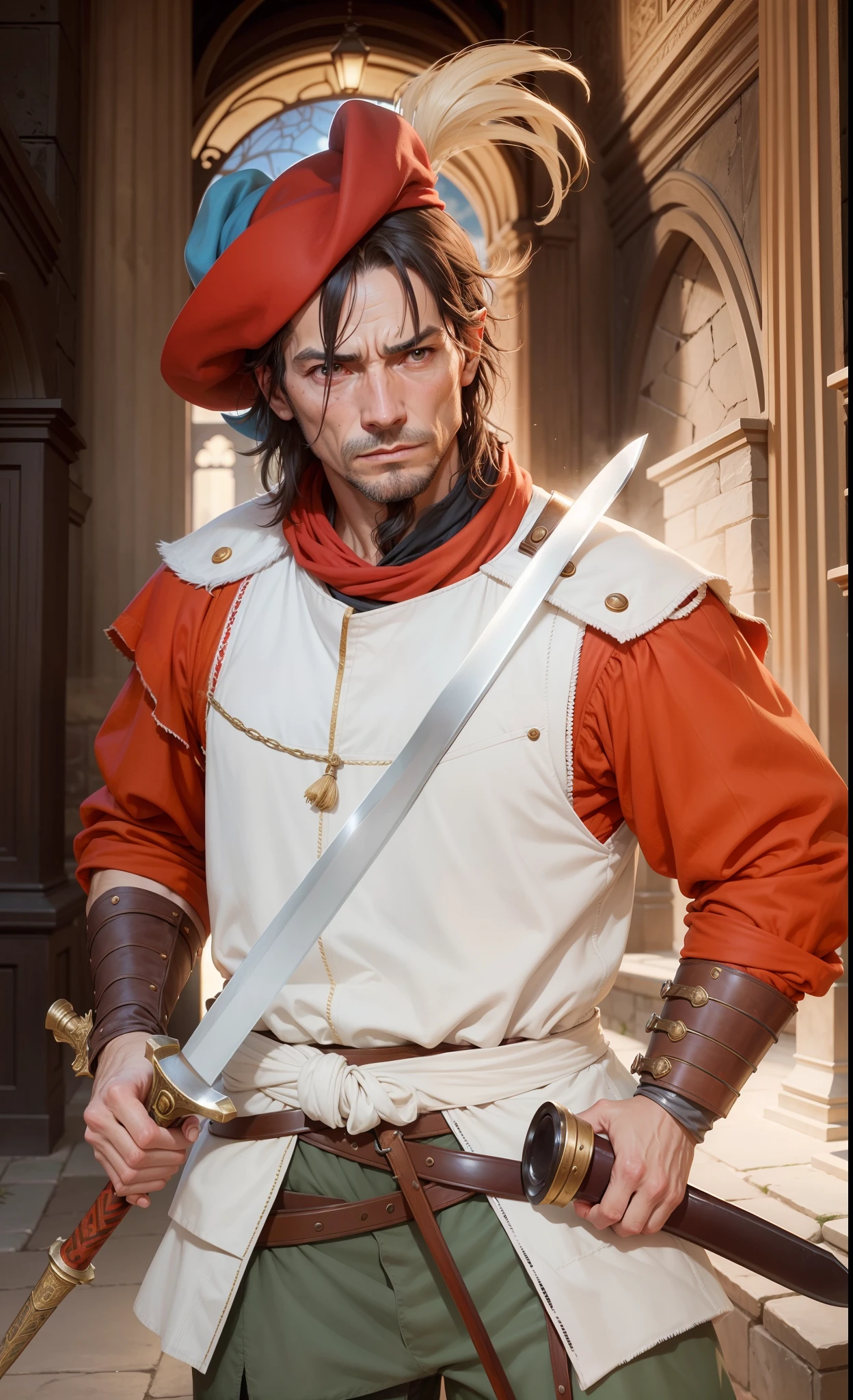 Swordsman, man, weathered, age of 38, rough skin, wrinkle, middle-aged, wearing a red hat, South Europe people, correct anatomy of two hands, European, 16th century, renaissance, age of exploration, holding a sword, equipped with a scabbard, passersby face, npc face, mediocre,Featureless, not impressive