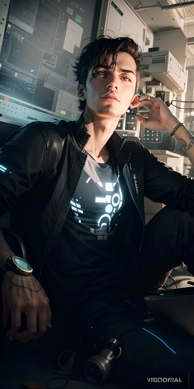 Homem Programador python, cyberpunk,  dentro de um apartamento, olhando pelas janelas de vidro, cidade futurista, olhar estrategista, laptop, cinematic, ultra realista, altamente detalhado (obra prima)  inside a machine shop