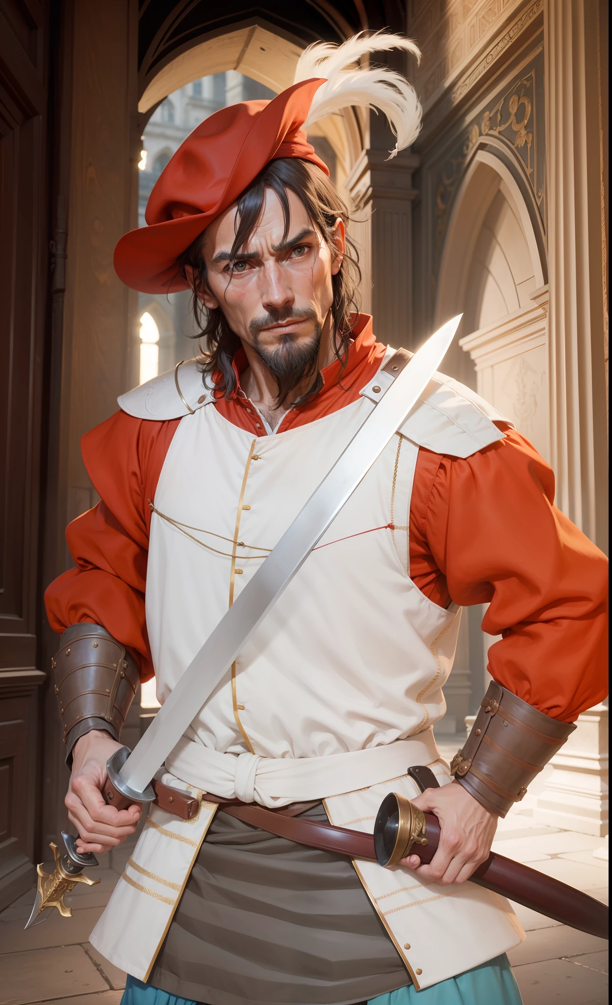 Swordsman, man, weathered, age of 38, rough skin, wrinkle, middle-aged, wearing a red hat, South Europe people, correct anatomy of two hands, European, 16th century, renaissance, age of exploration, holding a sword, equipped with a scabbard, passersby face, npc face, mediocre,Featureless, not impressive