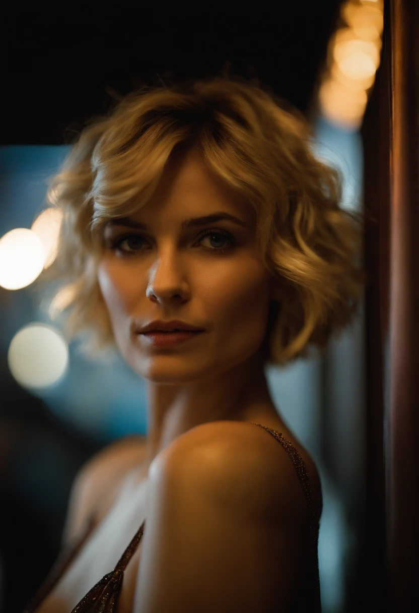 close up modern blonde petite young woman, melbourne Australia, movie, wearing dress, short pixie hair, floppy hair, messy hair,  looking sultry, cinematic, photo real,, backlit, panavision, depth of field, night time, sexy, bed,  in a discreet club, 21st century, bar,