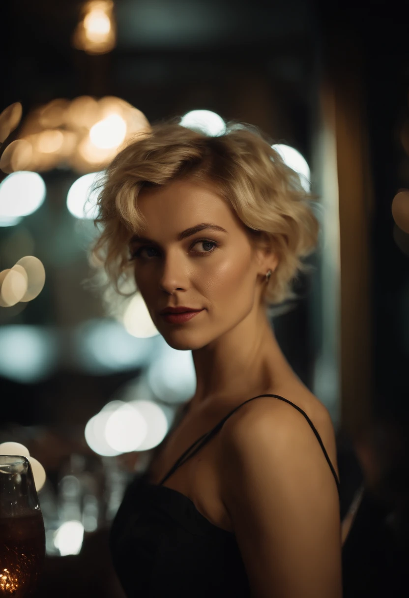close up modern blonde petite young woman, melbourne Australia, movie, wearing dress, short pixie hair, floppy hair, messy hair, looking sultry, cinematic, photo real,, backlit, panavision, depth of field, night time, sexy, bed, in a discreet club, 21st century, bar,