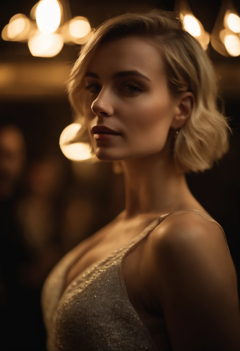 close up modern blonde petite young woman, melbourne Australia, movie, wearing dress, short pixie hair, floppy hair, messy hair, looking sultry, cinematic, photo real,, backlit, panavision, depth of field, night time, sexy, bed, in a discreet club, 21st century, bar,