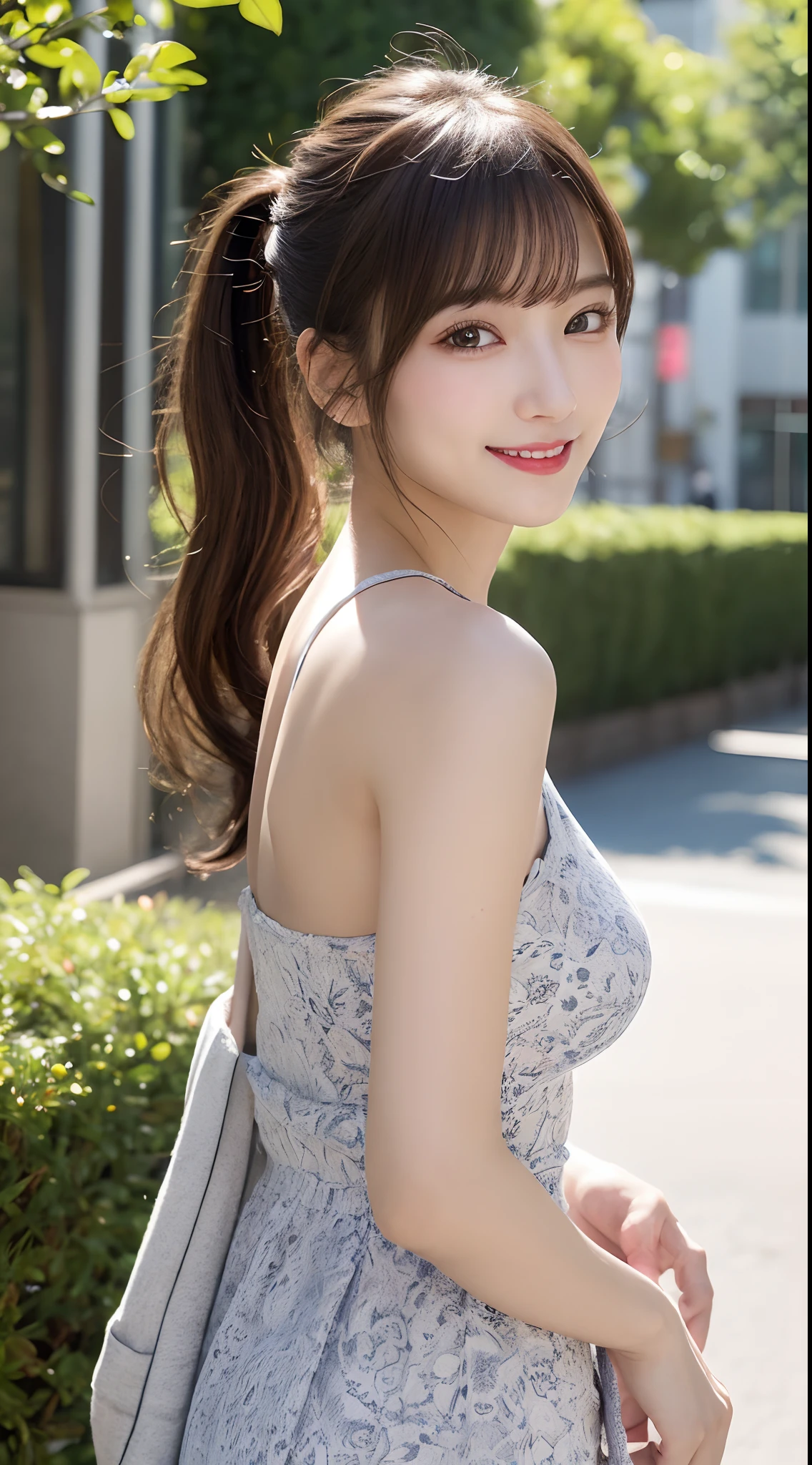 bright表情、Photorealistic:1.32、highest quality、超A high resolution、最も美しい日本のgirlの写真、Cute and beautiful face details、Small Face、(Purelos Face_V1:0.008)、美しいbangs、14 years old、Radiant, fair, glowing skin、Hair gets tangled in the face、girl１people、顔まで伸びるbangs、bangs、Hair between the eyes、Attractive brown silky hair、bright、Clear eyes shine charmingly、Dynamic pose、highest quality、Disorganized、((the cutest girl in the world))、日本people、((Maxi length see-through lace dress with ribbon:1.3))、(ponytail:1.3)、(tie with a thin ribbon)、Nice and cute、An innocent smile、nice smile、no cleavage、(Large Breasts:1.3)、(Cute standing pose:1.3)、Side Tail、Brown Hair、Small waist、Detailed beautiful eyes、View your viewers、Upper Body、Close-up of face、Front view、