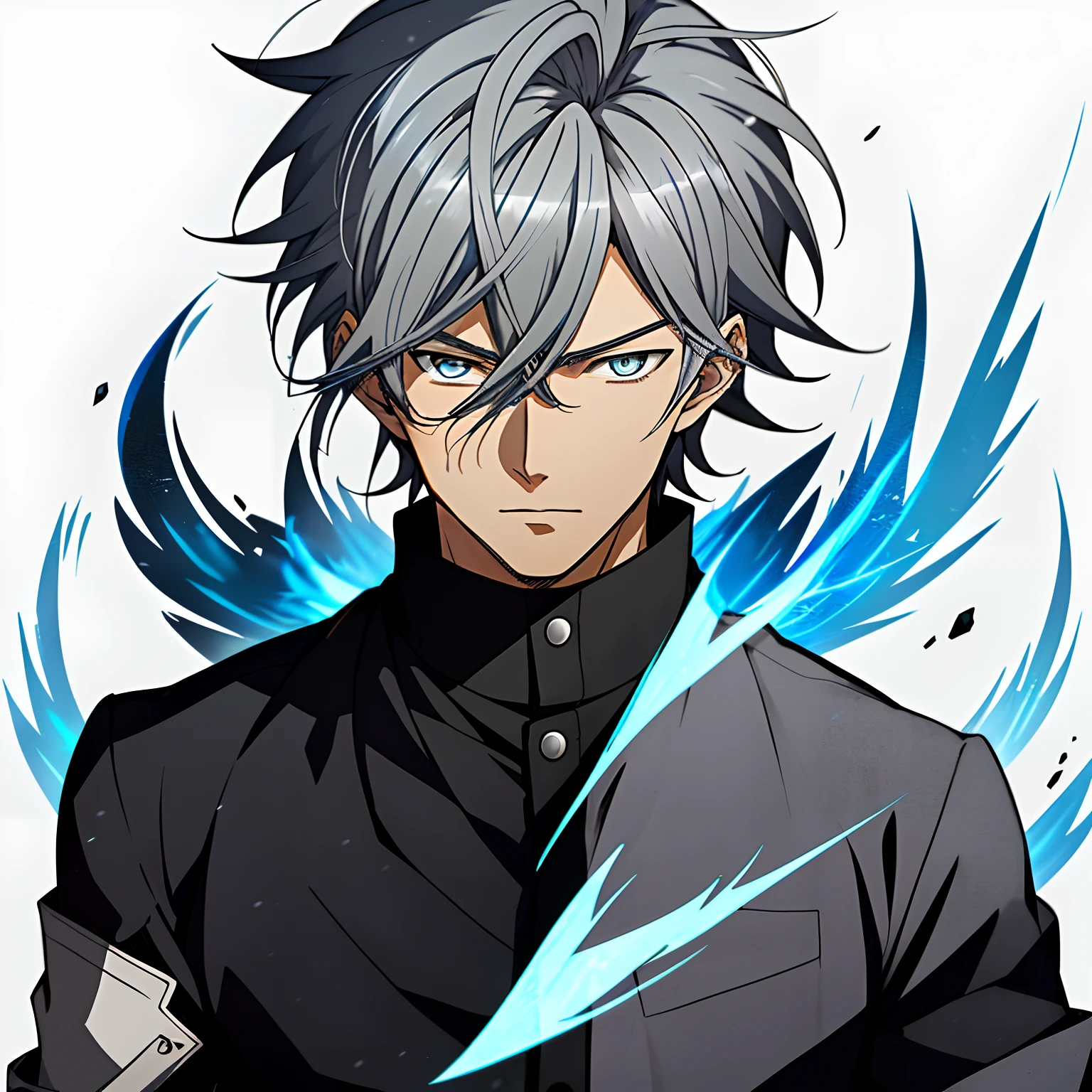 Anime image of a silver-gray haired man wearing a blue flame in a black jacket,blue color eyes, Shinkai sincerely, New Xiangcheng, Honest, ryuta ueda artwork, offcial art, Anime handsome man,