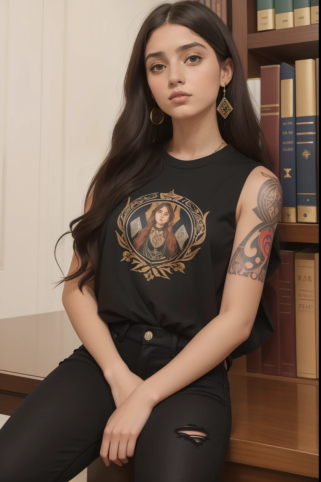 20-Year-Old Pre-Raphaelite Latina Girl in Modern Clothes 2023 at Yale Library, ((Ropa negra moderna 2023)), black tank t-shirt and black jeans, arm tattoos