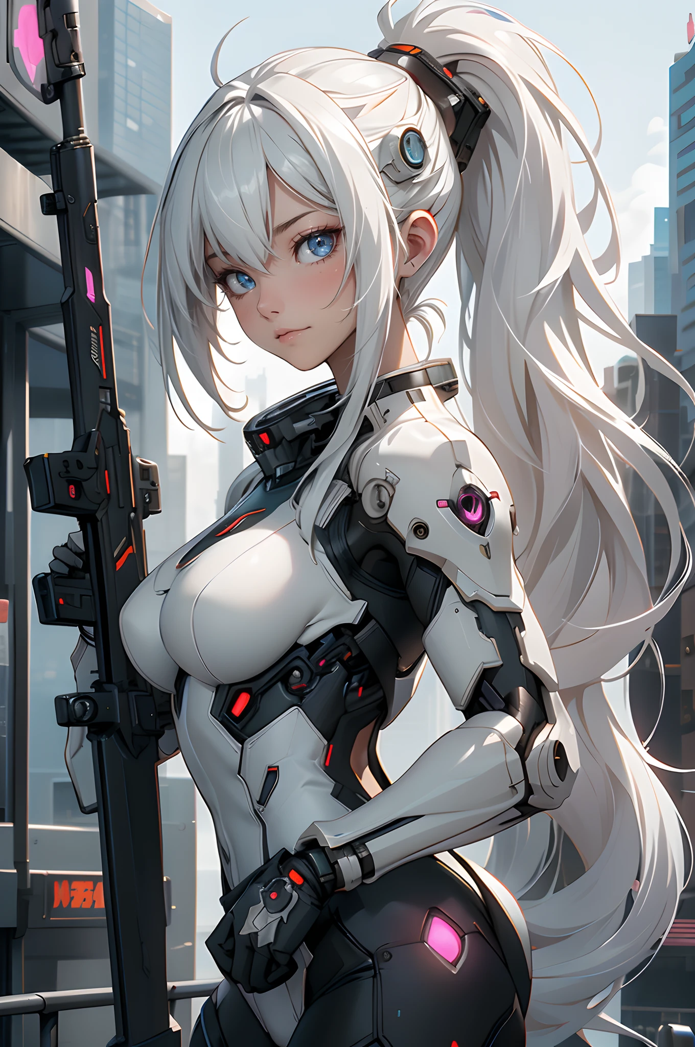 1girl, a beautiful girl cyborg cyberpunk carry a fantasy weapon in the cyberpunk city background, wide angel, oil shinny, ponytail, white hair, white and orange and black machine suit color combination, the body full of machine, realistic futuristic hologram, asian skin tone, beautiful eye, beautiful asian face, cyber ear machine, suits is solid mecha, realistic machine, sci fi scape, manipulation is a masterpiece, long hair, masterpiece, suit of cyberpunk, realistic sci fi building texture mecha aestethic, digital cyberpunk, looming over a city, cyber technology, realistic hair, lots of hair, white of hair, realistic metal solid texture of building, realistic neon glow, realistic neon sign, wonderful side lighting, realistic futuristic cyberpunk building, realistic girl robot cyberpunk, fog, foogy, masterpiece of detail, RAW IMAGE, depth of field, point of interes, depth of field is masterpiece, best photography composition masterpiece, natural realistic hair, rule of third masterpiece photography, natural lighting, photography masterpiece natural lighting from side, realistic skin texture, strong reflection, ( pose pinterest) masterpiece beautiful, Devil Horns, smooth pixel, ray of light, soft light, small breasts, mastepiece of cyber mask, (fantasy weapon, carry a weapon),