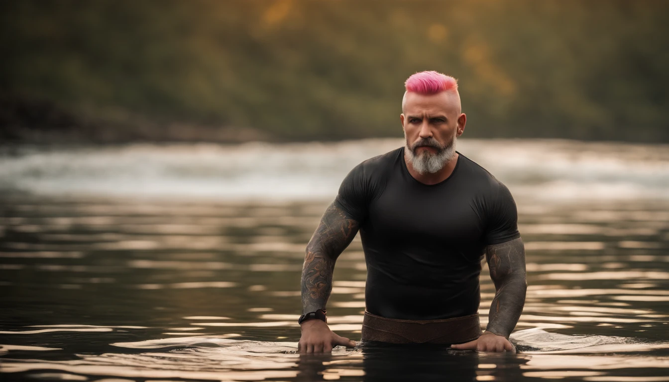 A strong man, short pink hair, short beard, has orange eyes, is underwater, has tattoos all in shades of black, has a golden trident, realistic drawing style, focus on the face