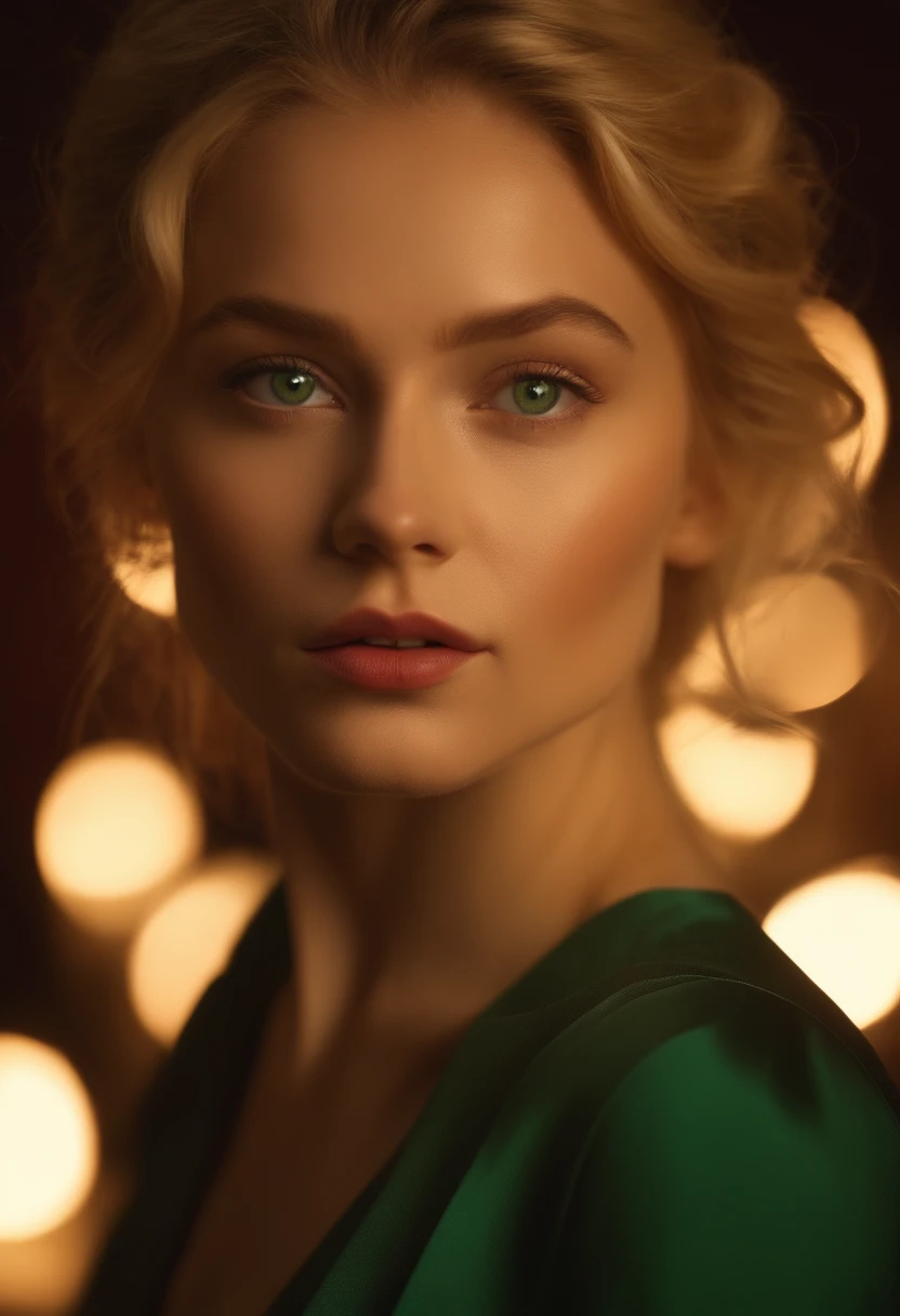 (((A deep reddish scar runs across her left cheek))) light skinned, Women around 16 years old, Natural blonde hair, Distinctive green eyes, Wearing a pantsuit, slender and graceful,, Beautiful, Candlelight in a futuristic atmosphere, Ultra Sharp Focus, realistic shot, Women's clothing of the near future, Tetradic color (Scar:1.4)