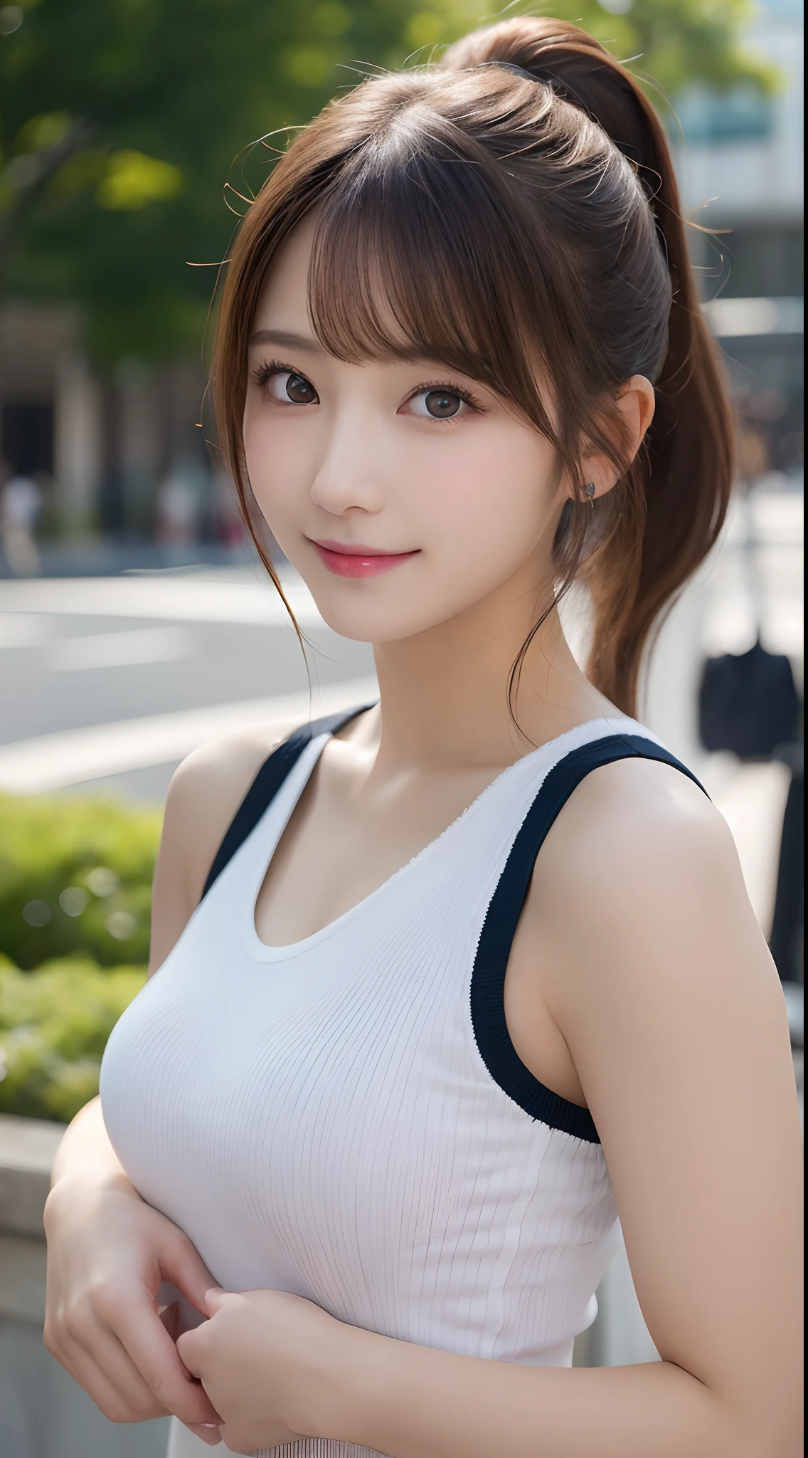 masutepiece, Best Quality, Illustration, Ultra-detailed, finely detail, hight resolution, 8K Wallpaper, Perfect dynamic composition, Beautiful detailed eyes, Women's Fashion Summer,Ponytail hair,Small breasts natural color lip, Bold sexy poses,Smile,Harajuku、20 years girl、Cute、Sexy shot looking at camera