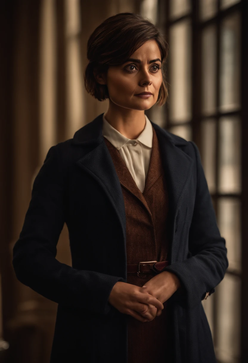 RAW photo, jenna coleman as doctor who, short hair, pixie hair, (high detailed skin:1.2), 8k uhd, dslr, soft lighting, high quality, film grain, Fujifilm XT3