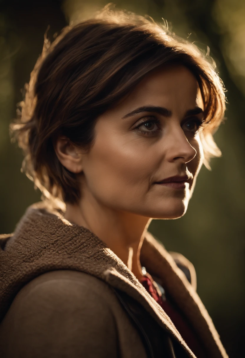 RAW photo, jenna coleman as doctor who, short hair, pixie hair, (high detailed skin:1.2), 8k uhd, dslr, soft lighting, high quality, film grain, Fujifilm XT3