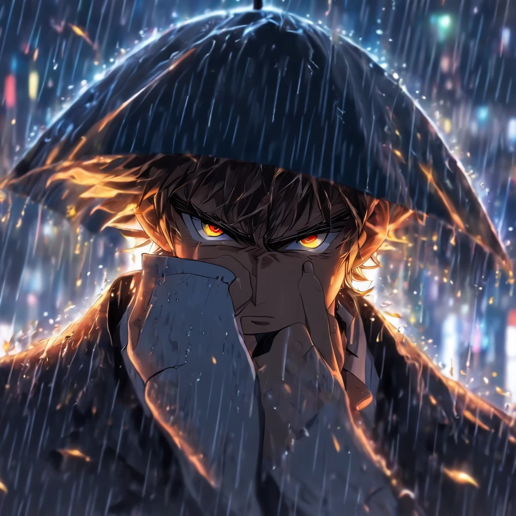Un hombre con traje que tiene su cabeza reemplazada por un agujero negro, Su horizonte de sucesos y todo blanco;. Man is protecting himself from the rain with a garda-chuva.