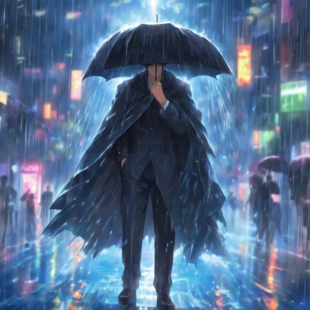 Un hombre con traje que tiene su cabeza reemplazada por un agujero negro, Su horizonte de sucesos y todo blanco;. Man is protecting himself from the rain with a garda-chuva.