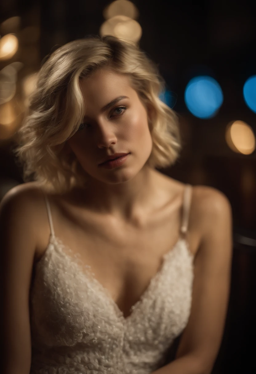 close up modern blonde petite 18 year old young woman, melbourne Australia, movie, wearing dress, short pixie hair, floppy hair, messy hair, looking sultry, cinematic, photo real,, backlit, panavision, depth of field, night time, sexy, bed, in a discreet club, 21st century, bar,