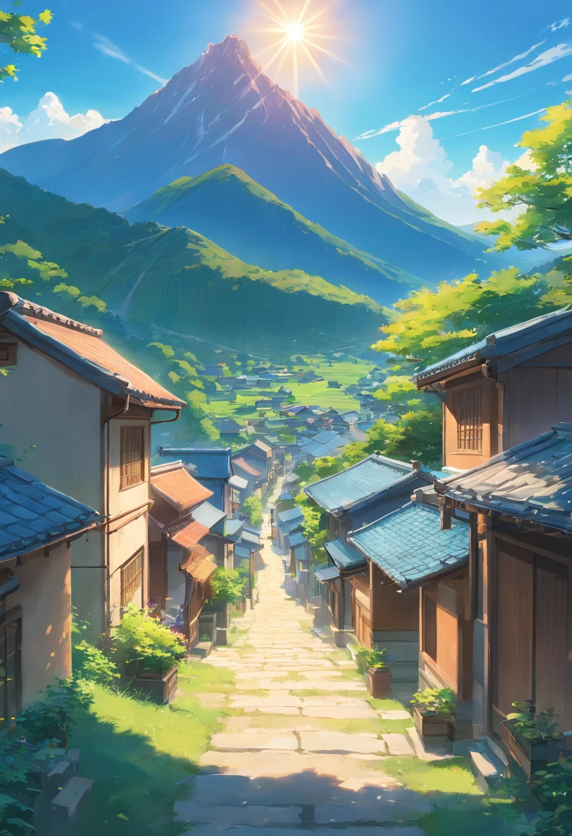 The picture shows a peaceful mountain village,The sun shines dazzling through the blue sky。Xiaojie and other children were playing in the village。