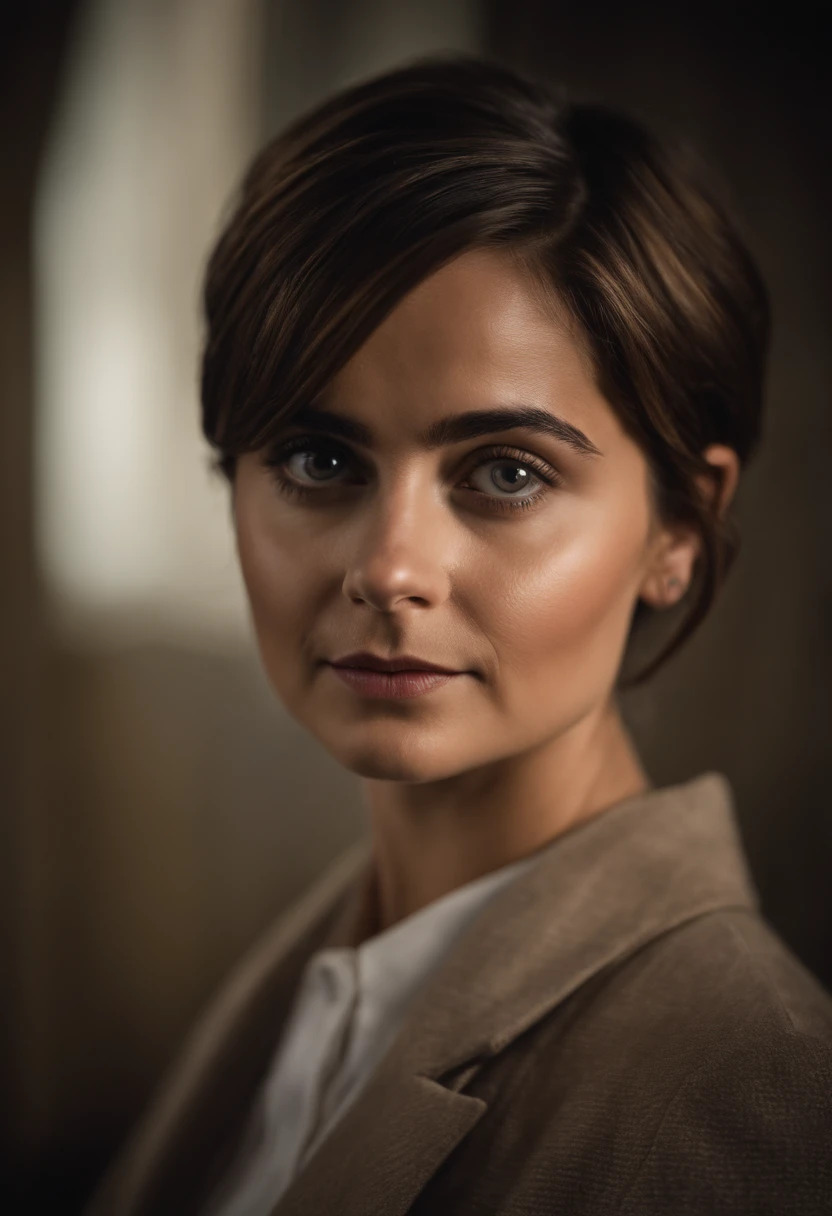 RAW photo, 18 year old, jenna coleman as doctor who, short hair, pixie hair, (high detailed skin:1.2), 8k uhd, dslr, soft lighting, high quality, film grain, Fujifilm XT3