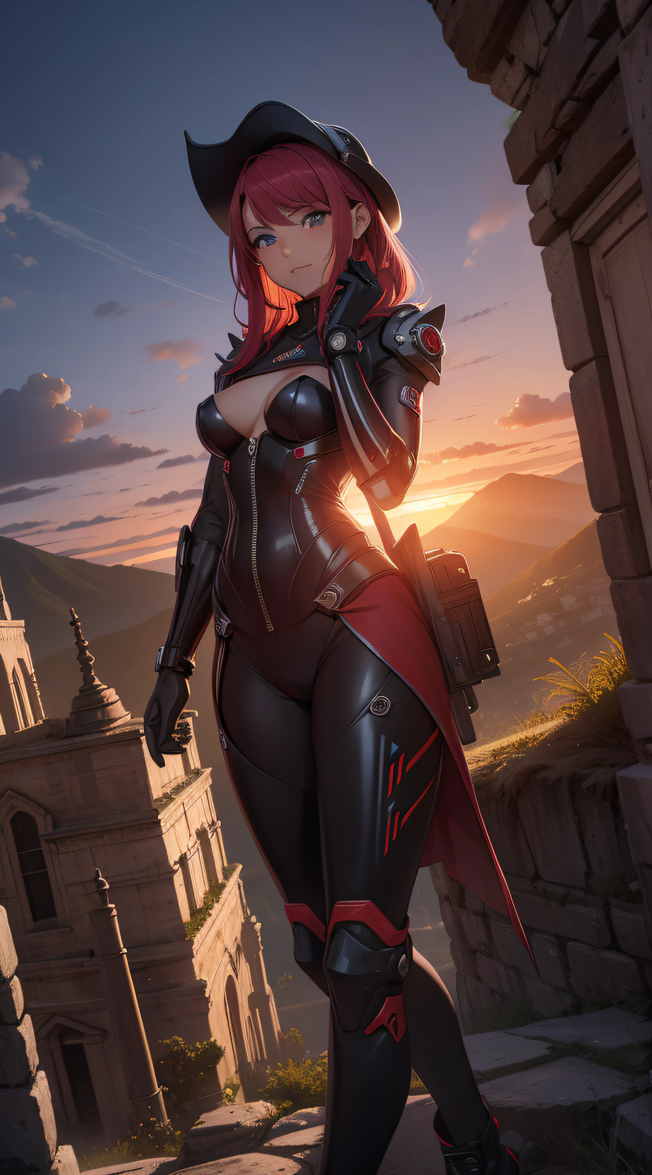 (extremadamente detallado, obra maestra, La mejor calidad, foto antigua, principios de siglo, epic scenery) mujer sexy, lingirie, robot arms, estilo ciberpunk, armadura, luces rojas, paisaje de ruinas. plano cercano. manchas. Caravaggio-style lighting. tenebrismo-