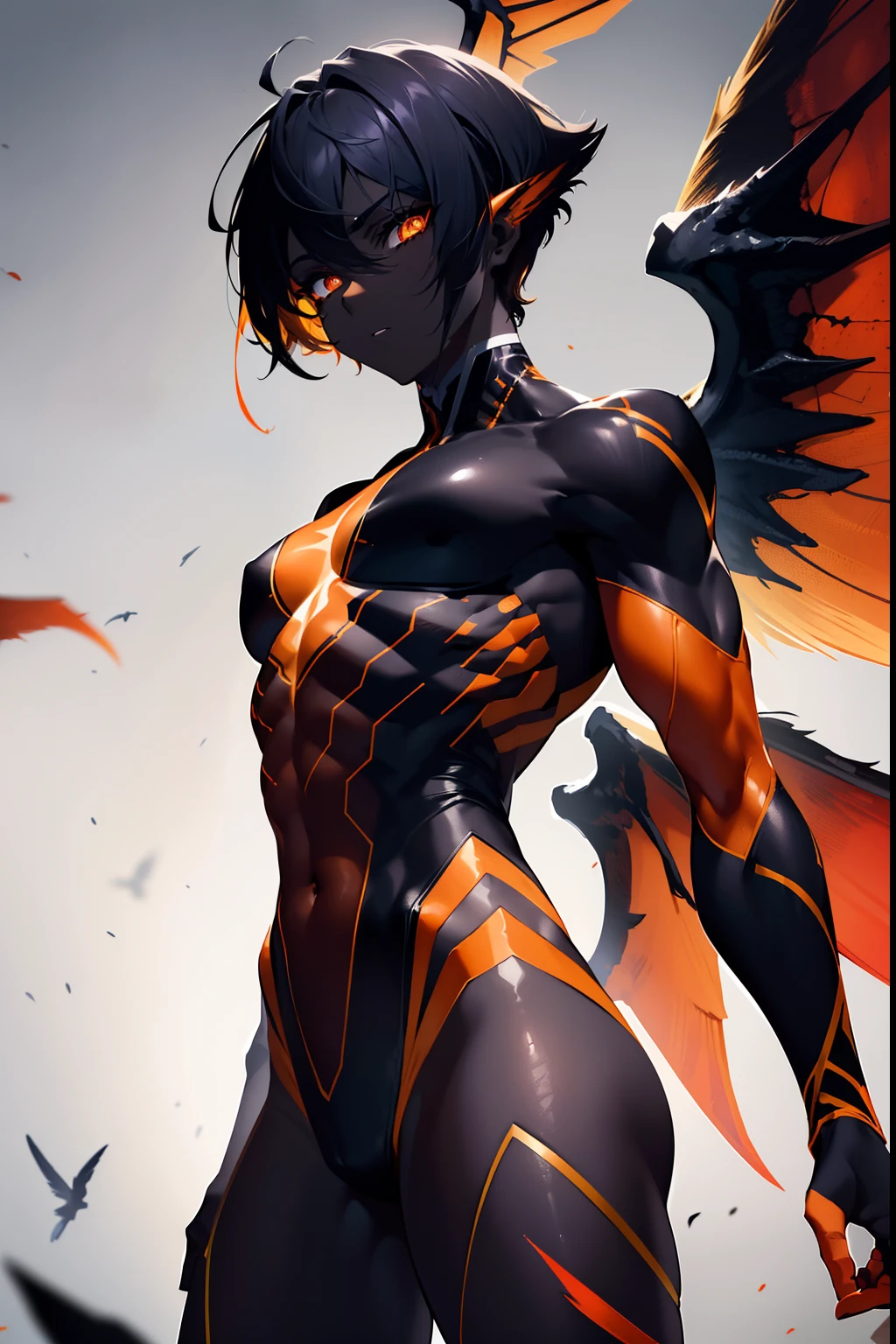 body(dark skin, muscular, tall), eyes(iris(yellow, orange, red), sclera(black, darkened)), hair(short, white, colour fade into red), clothing(suit(open, revealing, highlight muscle)), wings(red, 6 wings, thin)