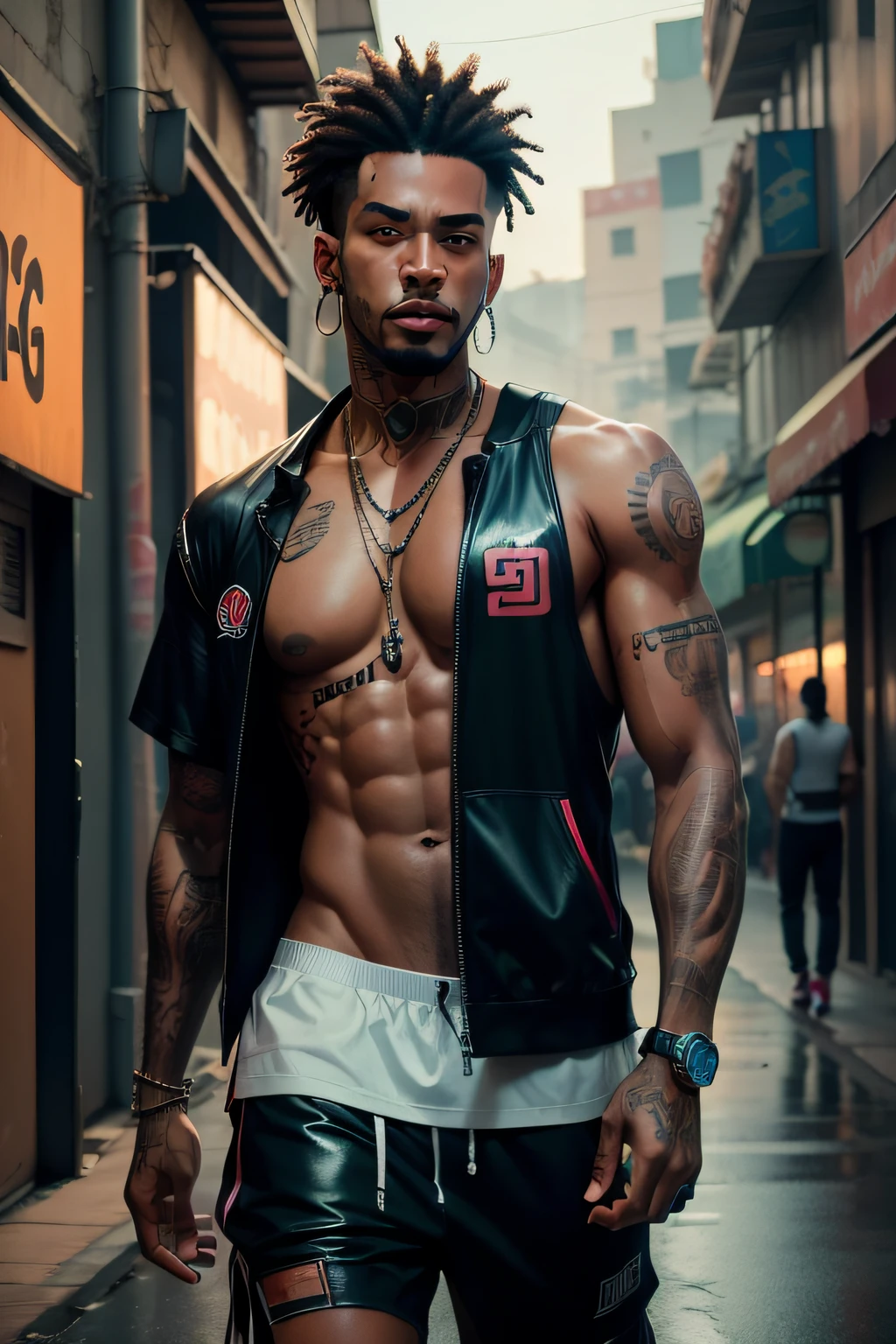 Man, Brown skin, Moicano, flamengo tattoo, streetwear, personagem cyberpunk, ultra realistic, 4k, disco Rigido