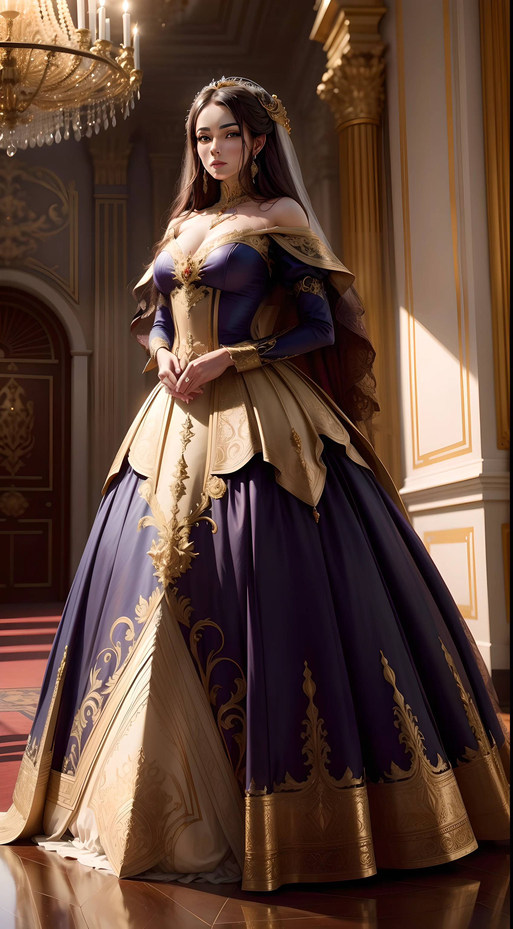 a portrait of the lady in a regal, deep-colored wedding gown, such as burgundy or royal blue, in an opulent ballroom. Rich, golden lighting and grand architectural details set a scene of majestic splendor