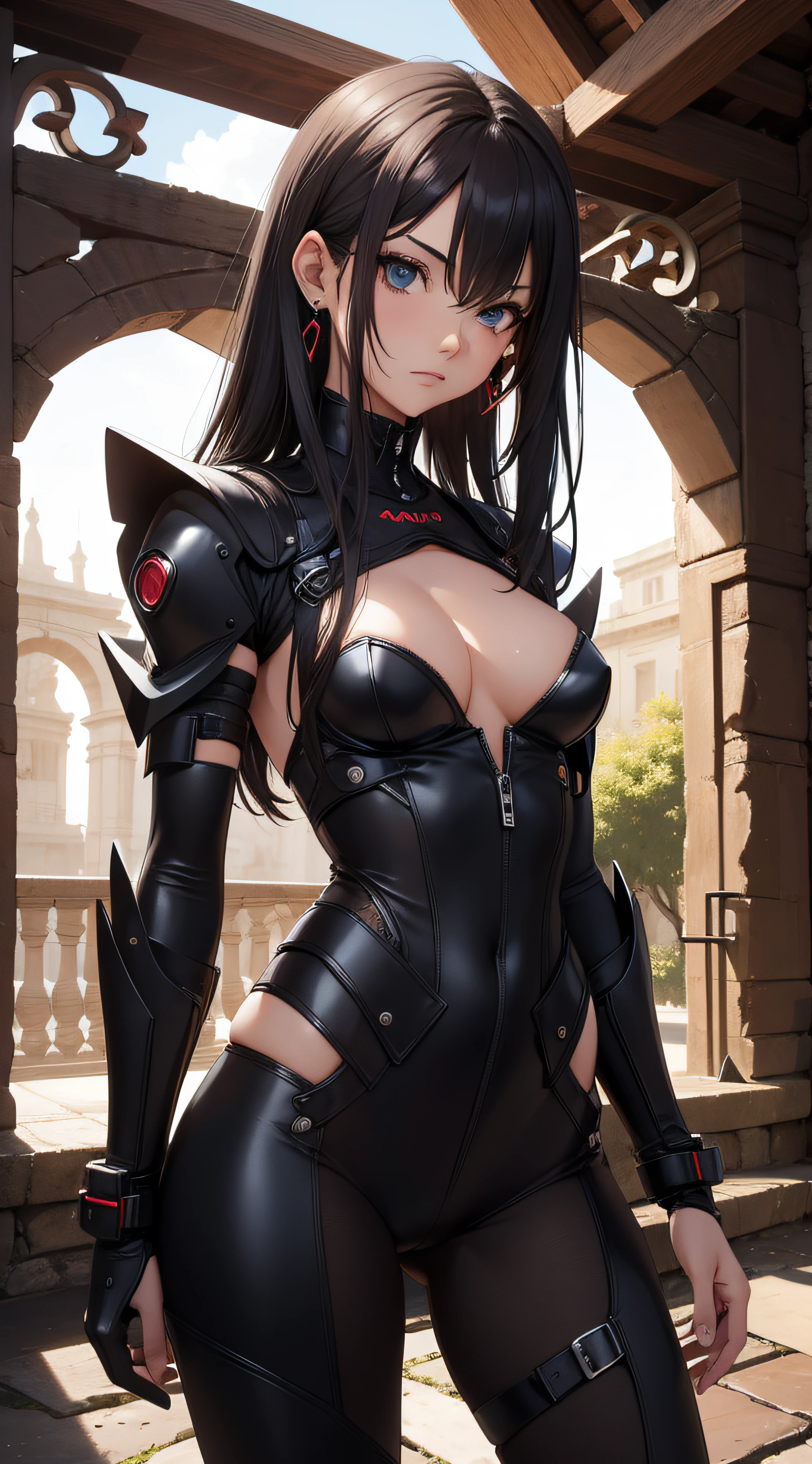 (extremadamente detallado, obra maestra, La mejor calidad, foto antigua, principios de siglo, epic scenery) mujer sexy, lingirie, robot arms, estilo ciberpunk, armadura, luces rojas, paisaje de ruinas. plano cercano. manchas. Caravaggio-style lighting. tenebrismo-