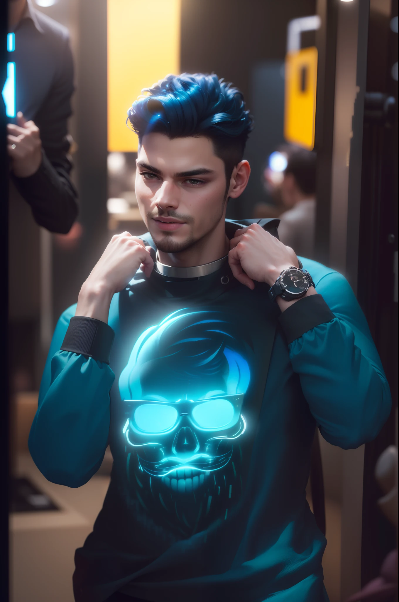 Auto retrato de corpo inteiro, de um android robotizado masculino (((traje moderno com um logo de play, desenho um play de musica))), ((em um quarto escuro, com luz RGB azul marinho, vermelho vibrante, amarelo), Autorretrato realista, 8k UHD, DSLR, grain of film, (fotorrealista:1.5)