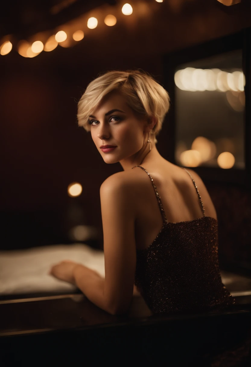 modern blonde petite 18 year old young woman, melbourne Australia, movie, wearing dress, short pixie hair, floppy hair, messy hair,  looking sultry, cinematic, photo real,, backlit, panavision, depth of field, night time, sexy, bed,  in a discreet club, 21st century, bar,