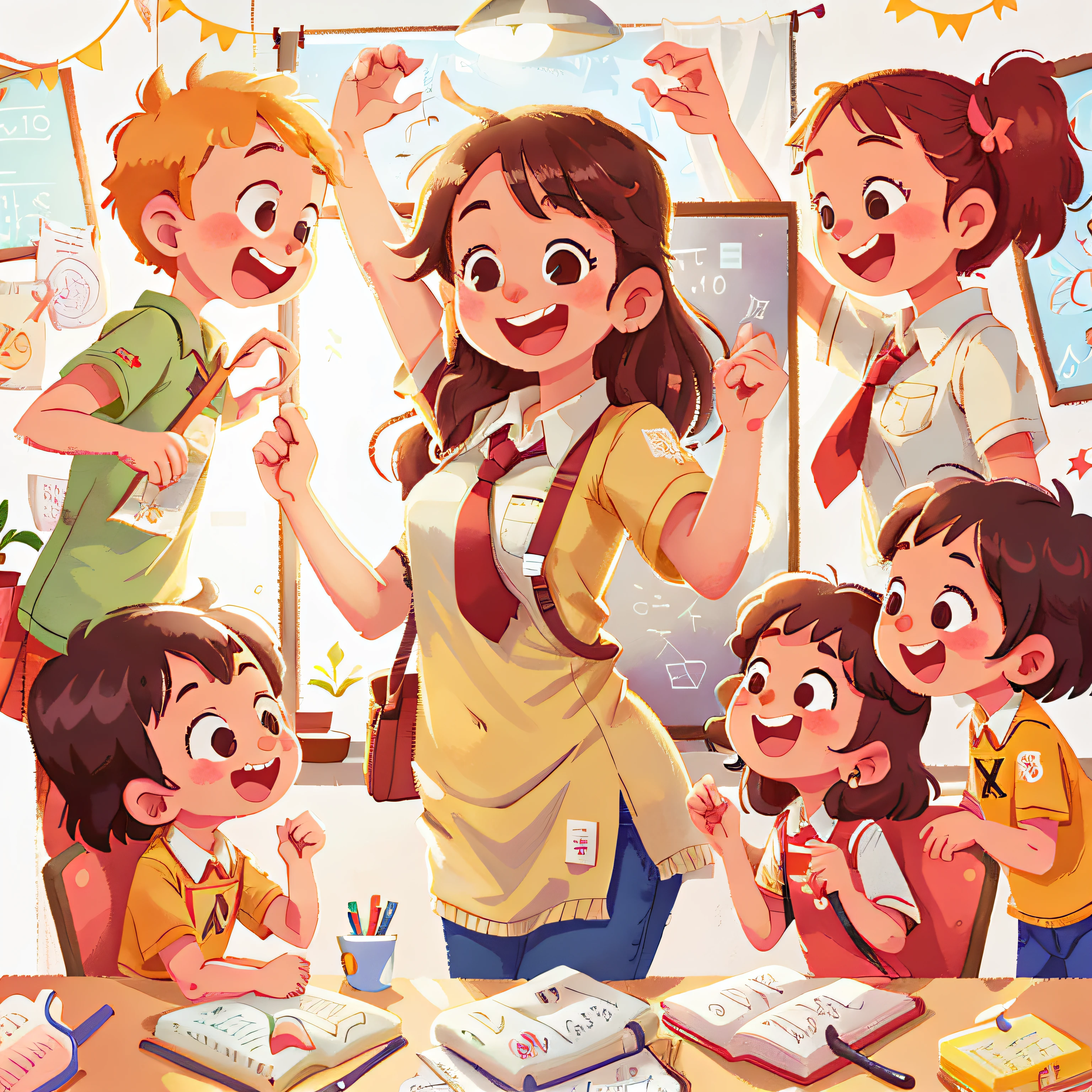 Teacher & students happy smiling in class room is ((white background))