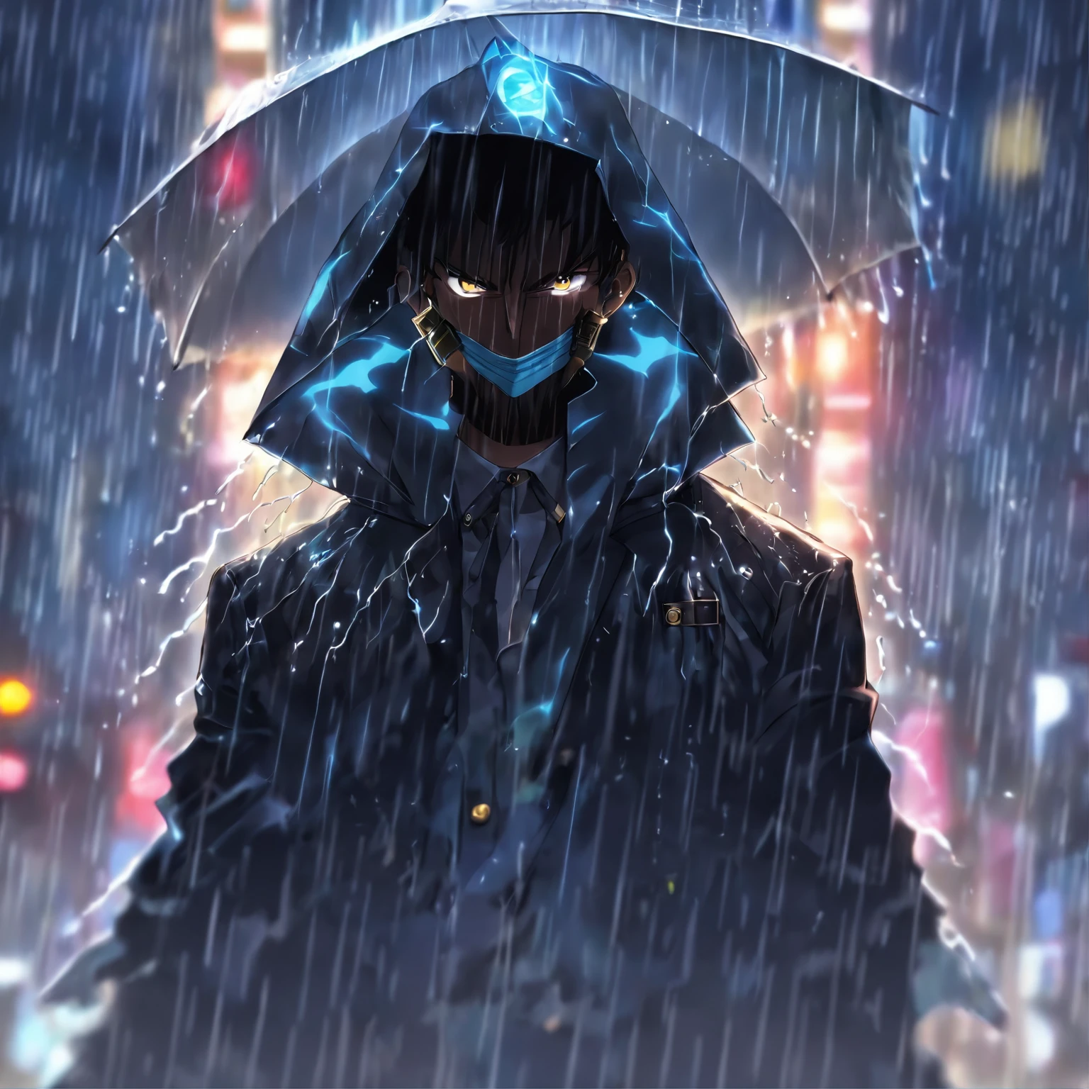 Un hombre con traje que tiene su cabeza reemplazada por un agujero negro, Su horizonte de sucesos y todo blanco;. Man is protecting himself from the rain with a garda-chuva.