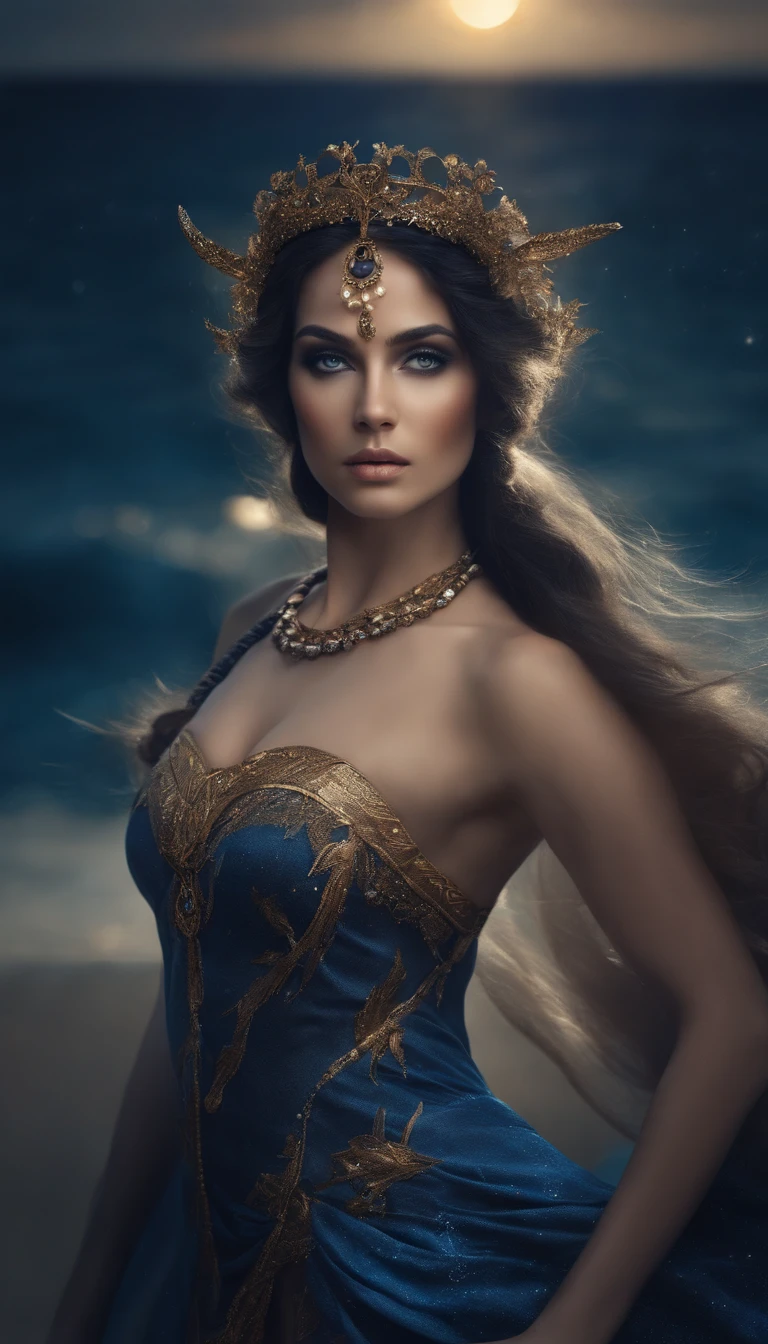 ( hiquality , Ultra Detailed, Be careful with your hand )Zodiac - Sagittarius goddess , Similar to Latin goodness . optimistic, Impartiality, Funny and intelligent face . Reckless, heartless, impatient, Self-confident style . dark blue eyes (eye details) , Dark blue hair with a trinket , transparent dress , In the ocean with the stars , Whole body , Fiery make-up , the god Chiron