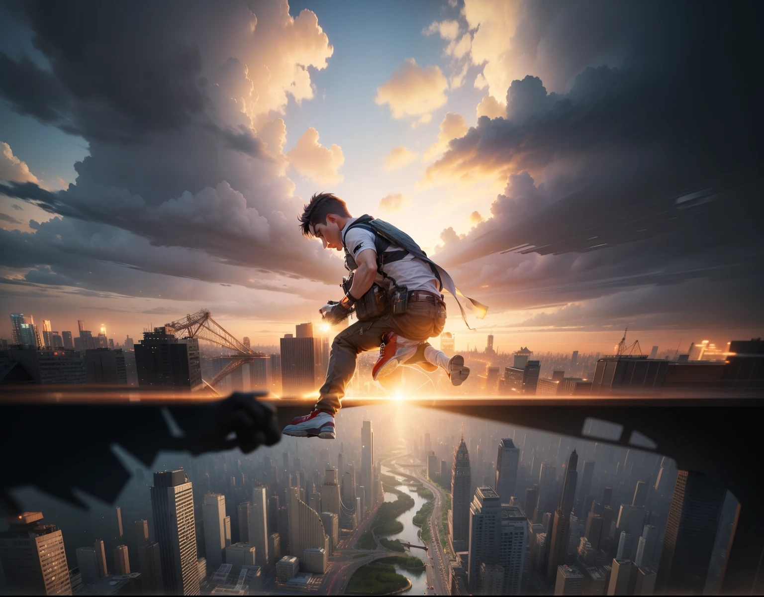 "A towering Giantess in a cool and laid-back hippie style is rocking a crop top and baggy pants. Her toned and athletic build hints at her massive strength. She seems to be casually strolling through the bustling cityscape of GTS City, as towering buildings loom overhead. Smoke and clouds roil around her, adding to the sense of epic scale and drama. The lighting is dark, gloomy, and realistic, creating a tense and ominous atmosphere. The perspective is from below, emphasizing the sheer majesty and power of the Giantess."