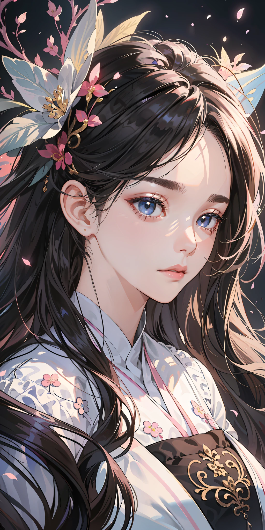 (Masterpiece: 1.2, Best Quality), (Fine Beautiful Eyes: 1.2), (Very Detailed CG Unity 8k Wallpaper, Masterpiece, Best Quality, Ultra Detail, Best Shadow), Mature Royal Sister, Black Coiled Hair, Gorgeous Hair Ornament, Black Eyes, Pale Pink Silk Hanfu, Complex Filigree, Fairy Fluttering, White Solid Color Background