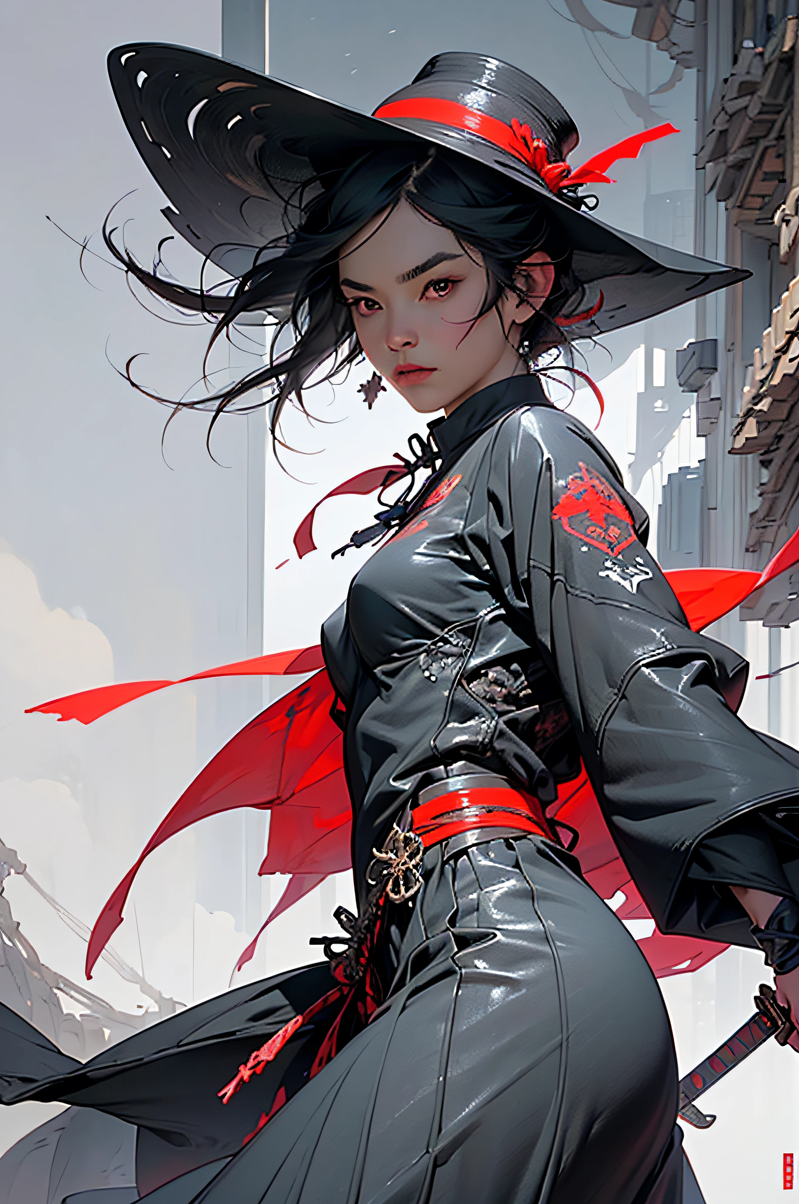 (RAW photo, 4k, realistic, exquisitely detailed skin), masterpiece, best quality, official art, unity 8k wallpaper, ultra detailed,(dark scene,low key,soft lighting), cinematic look,high saturation,best anatomy,volumetric fog,
a samurai male, slim body, cowboy shot,
1girl,weapon,sword,long hair,black hair,holding,solo,holding weapon,blood,holding sword,arm guards,simple background,blood on weapon,looking at viewer, glowing red eyes,tabi,floating hair, straw hat,