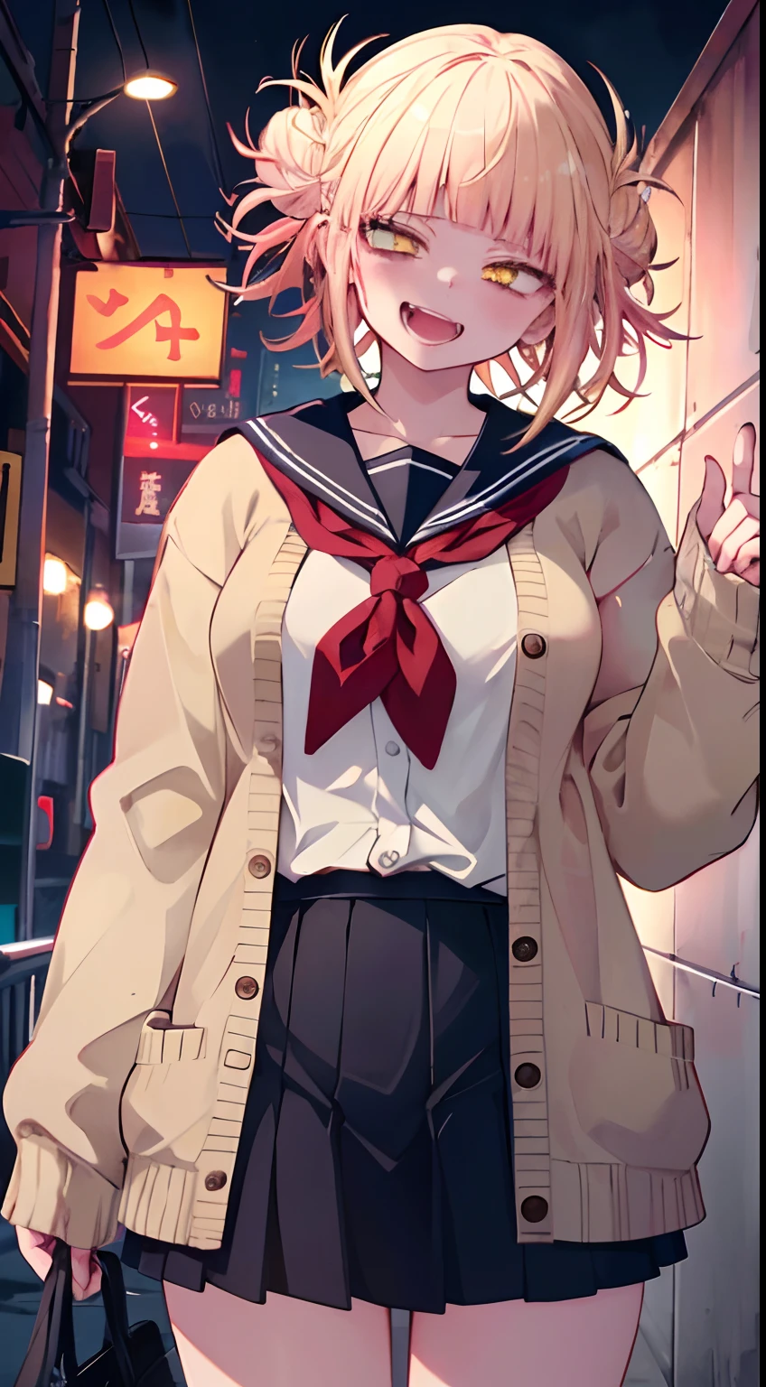 top-quality,Masterpiece,masterpiece,8k,32k,High pixel count,hight resolution,1人の女性,1girl,独奏,Golden hair,short-haired,校服,Ocher cardigan,Laugh with your mouth wide open,Crazy smile,Dark dark background,detail portrayal,((1One illustration)),((Dark depiction,darkness,natta,Lost in the darkness,takeout)),(1 illustration),Night Background,concrete wall,Concrete background,concrete wall,full bodyesbian,cowboy shot,