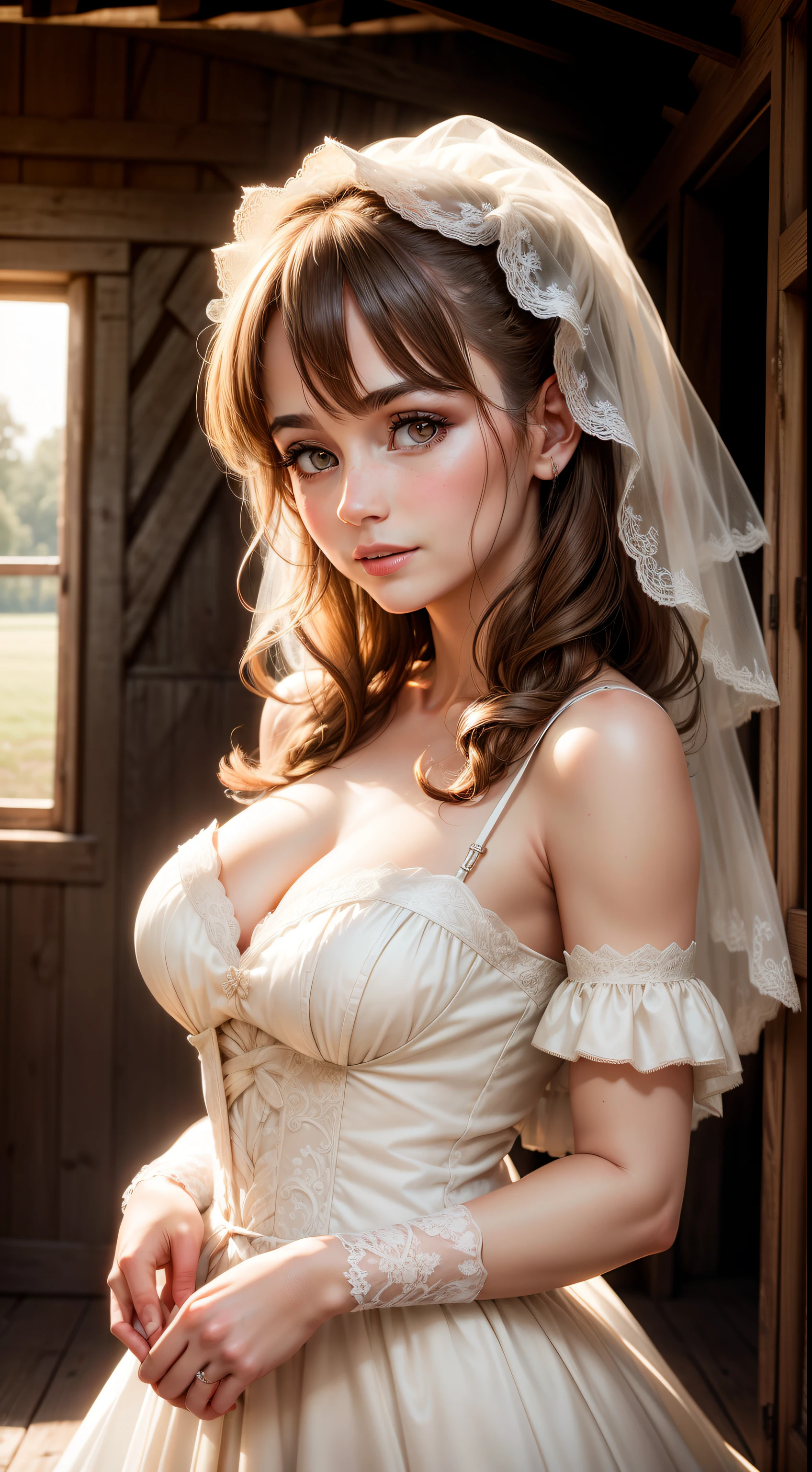 Take a portrait of the lady in an ivory or lace wedding dress on a rustic farm or barn backdrop. Soft, diffused lighting enhances the rustic charm, emphasizing her natural beauty and the warmth of the setting