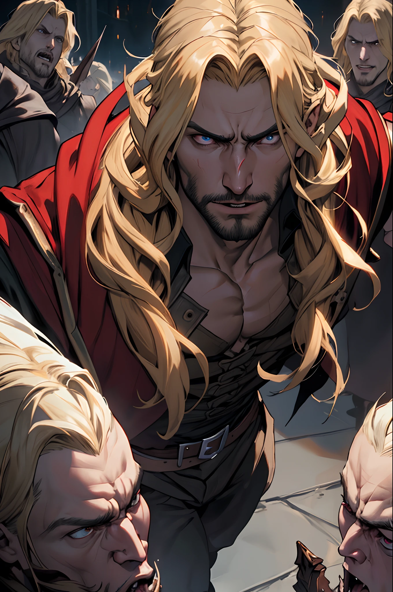 Castlevania Lord of the shadows blond hair very detailed face hyper realistic super detailed Dynamic shot master piece scene cinématique scènes du filme lord Dracula leading troops army of demons to battle War hyper realistic