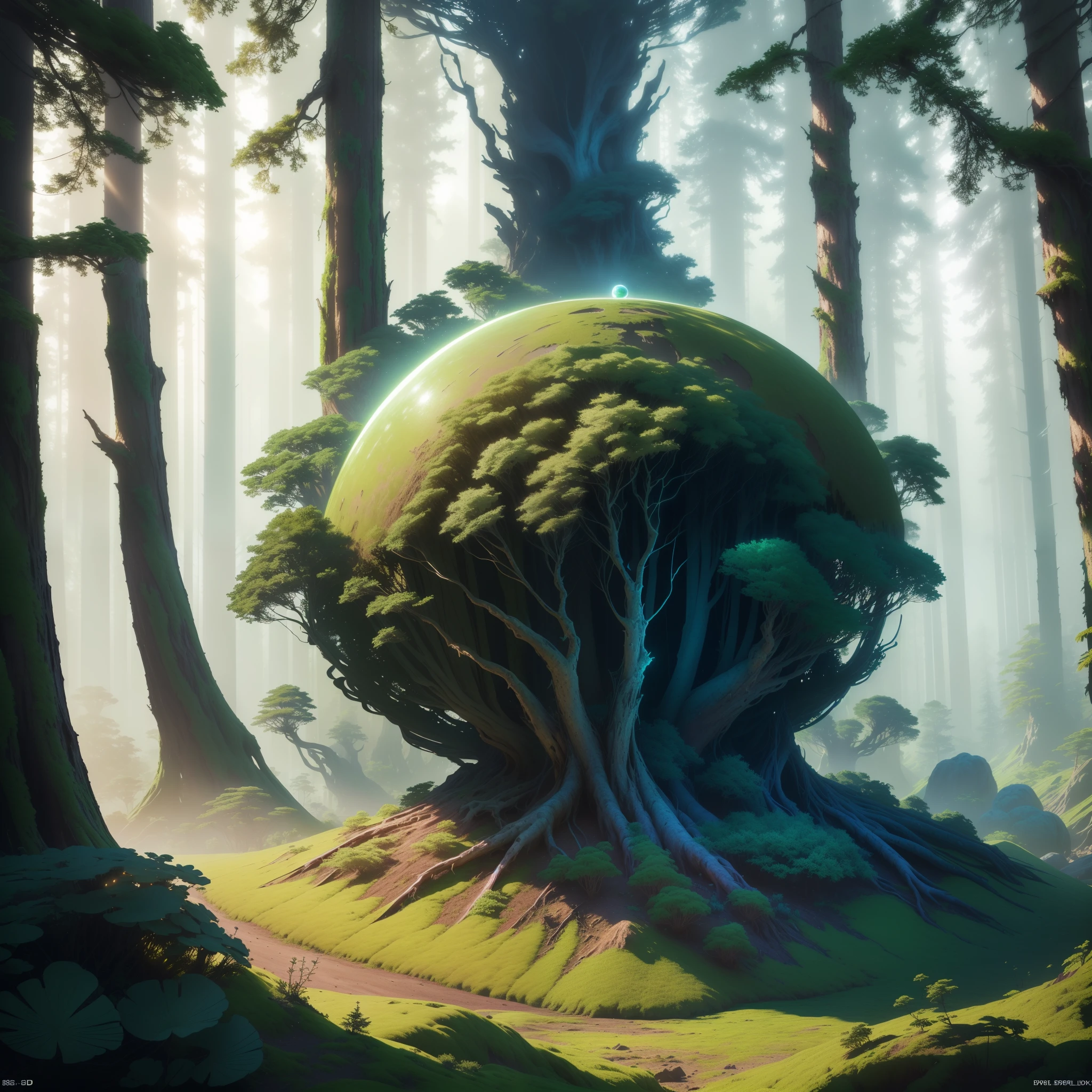 there is a picture of a planet with a forest on it, 3 d render beeple, 4k highly detailed digital art, style hybrid mix of beeple, environmental concept art, fantasy world concept, beeple masterpiece, fantasy planet, fantasy forest landscape, beeple global illumination, stuning fantasy 3 d render, fantasy overgrown world