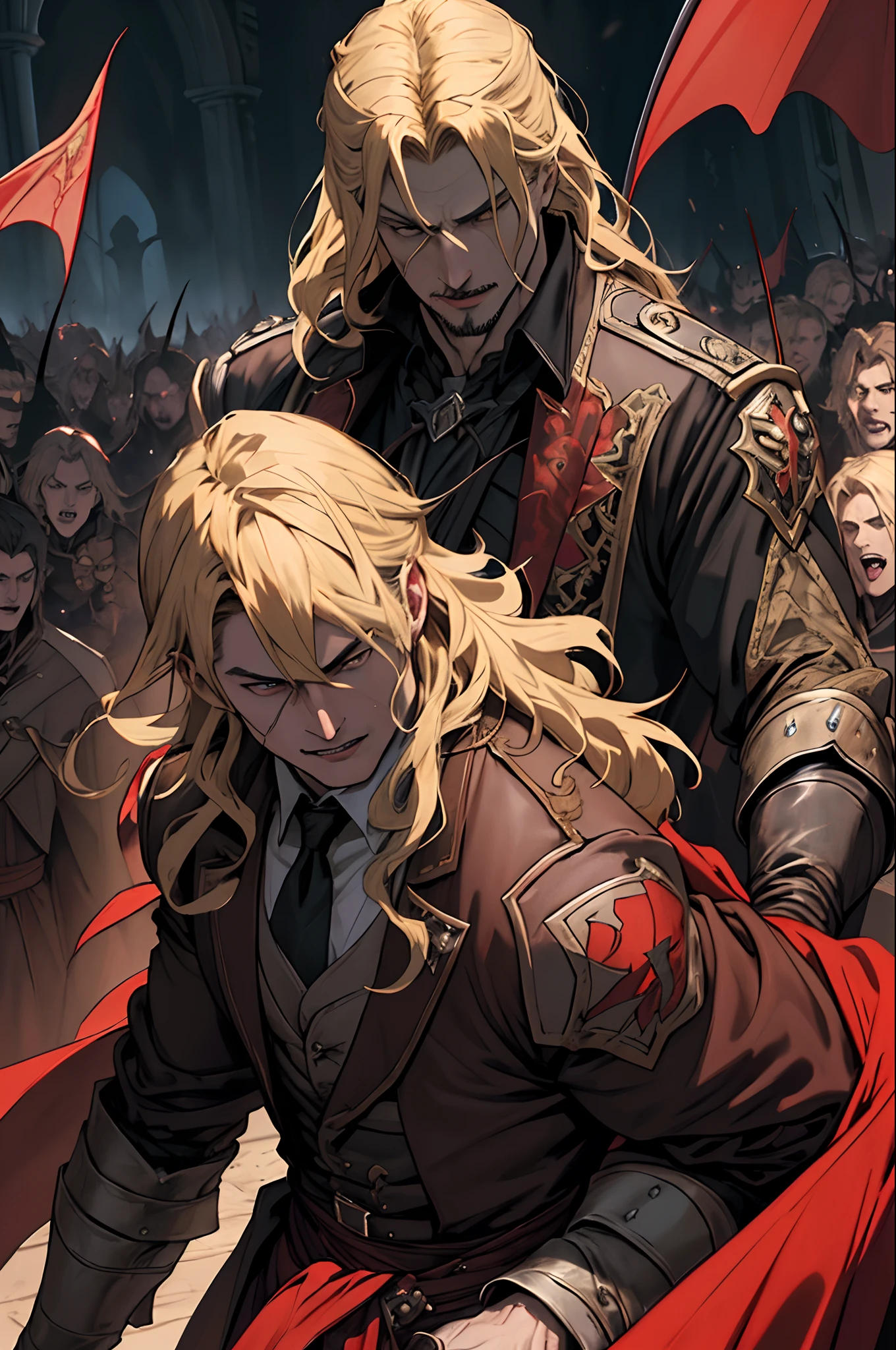Castlevania Lord of the shadows blond hair very detailed face hyper realistic super detailed Dynamic shot master piece scene cinématique scènes du filme lord Dracula leading troops army of demons to battle War hyper realistic
