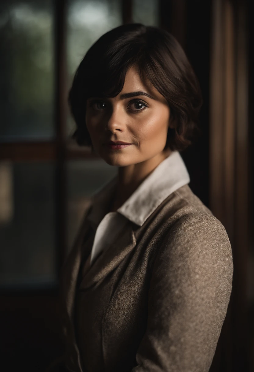 RAW photo, jenna coleman as doctor who, japanese woman, short black hair, pixie hair, (high detailed skin:1.2), 8k uhd, dslr, soft lighting, high quality, film grain, Fujifilm XT3
