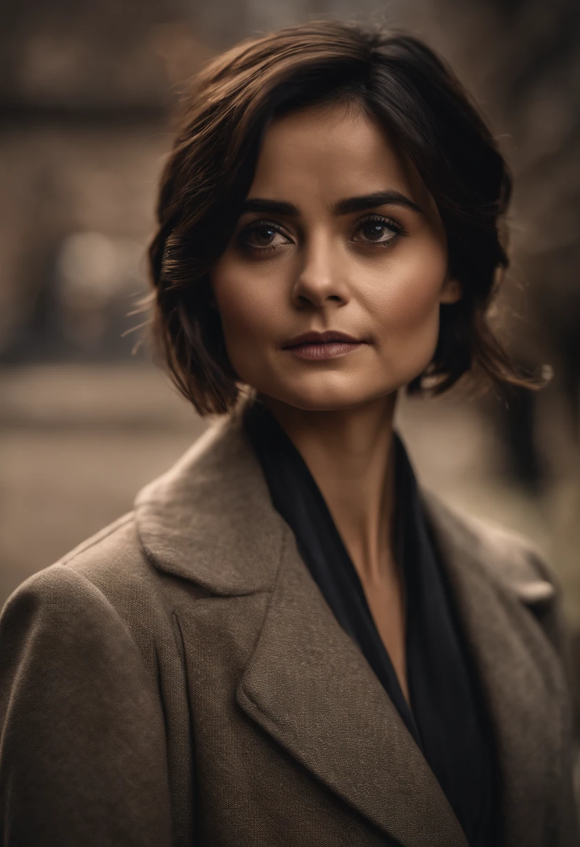 RAW photo, jenna coleman as doctor who, japanese woman, short black hair, pixie hair, (high detailed skin:1.2), 8k uhd, dslr, soft lighting, high quality, film grain, Fujifilm XT3