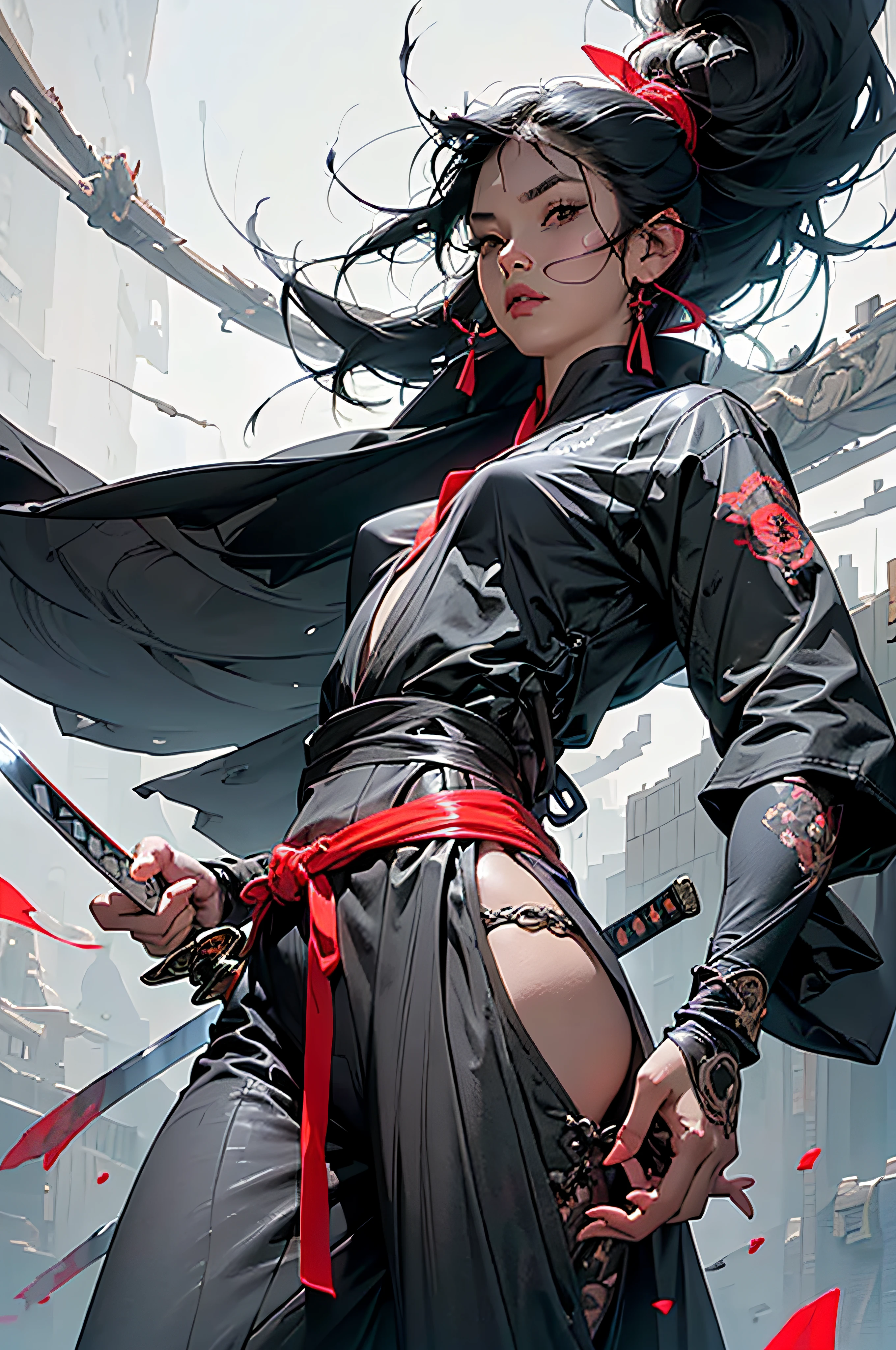 (RAW photo, 4k, realistic, exquisitely detailed skin), masterpiece, best quality, official art, unity 8k wallpaper, ultra detailed,(dark scene,low key,soft lighting), cinematic look,high saturation,best anatomy,volumetric fog,
a samurai girl, slim body, cowboy shot,
1girl,weapon,sword,long hair,black hair,holding,solo,holding weapon,blood,holding sword,arm guards,simple background,blood on weapon,looking at viewer,black eyes,tabi,floating hair,
